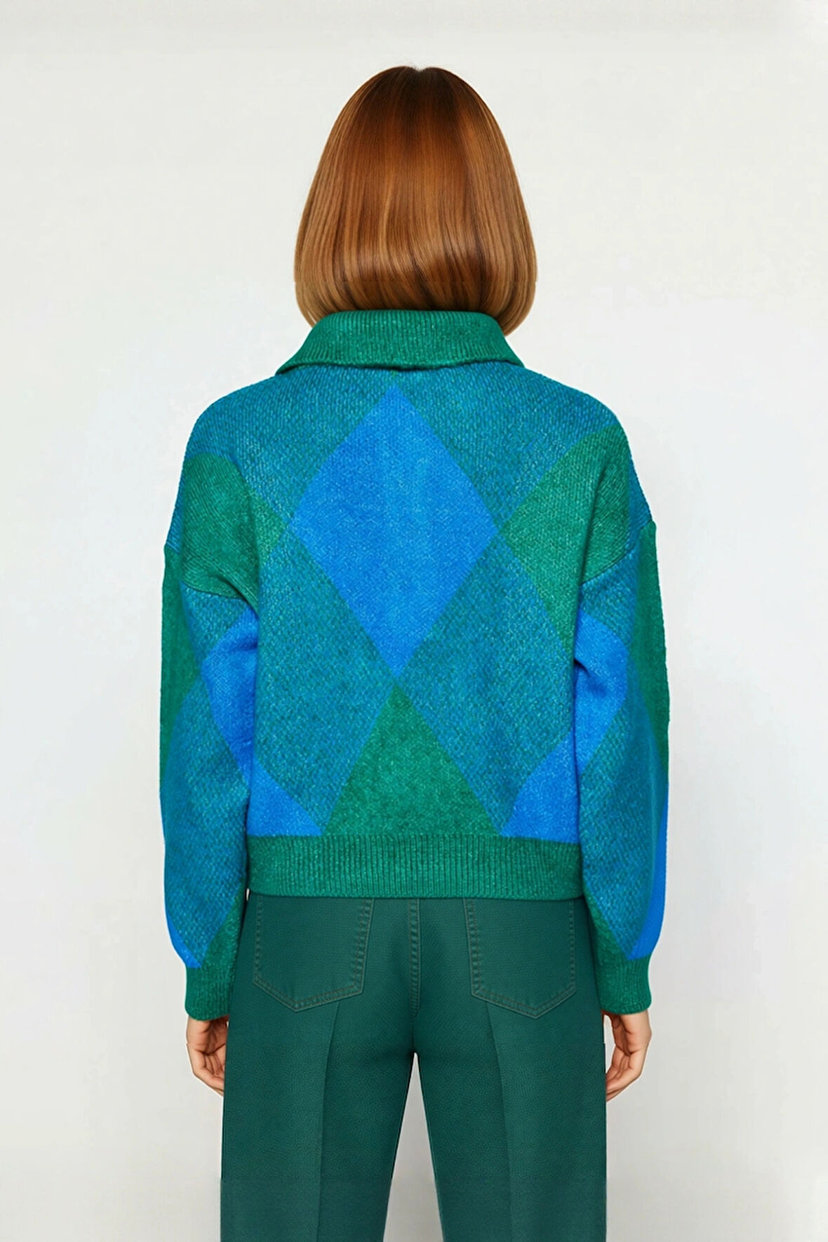 Kadınlar İçin Modern Baklava Desenli Oversize Polo Yaka Triko Kazak Günlük Konforlu Stil Kaliteli