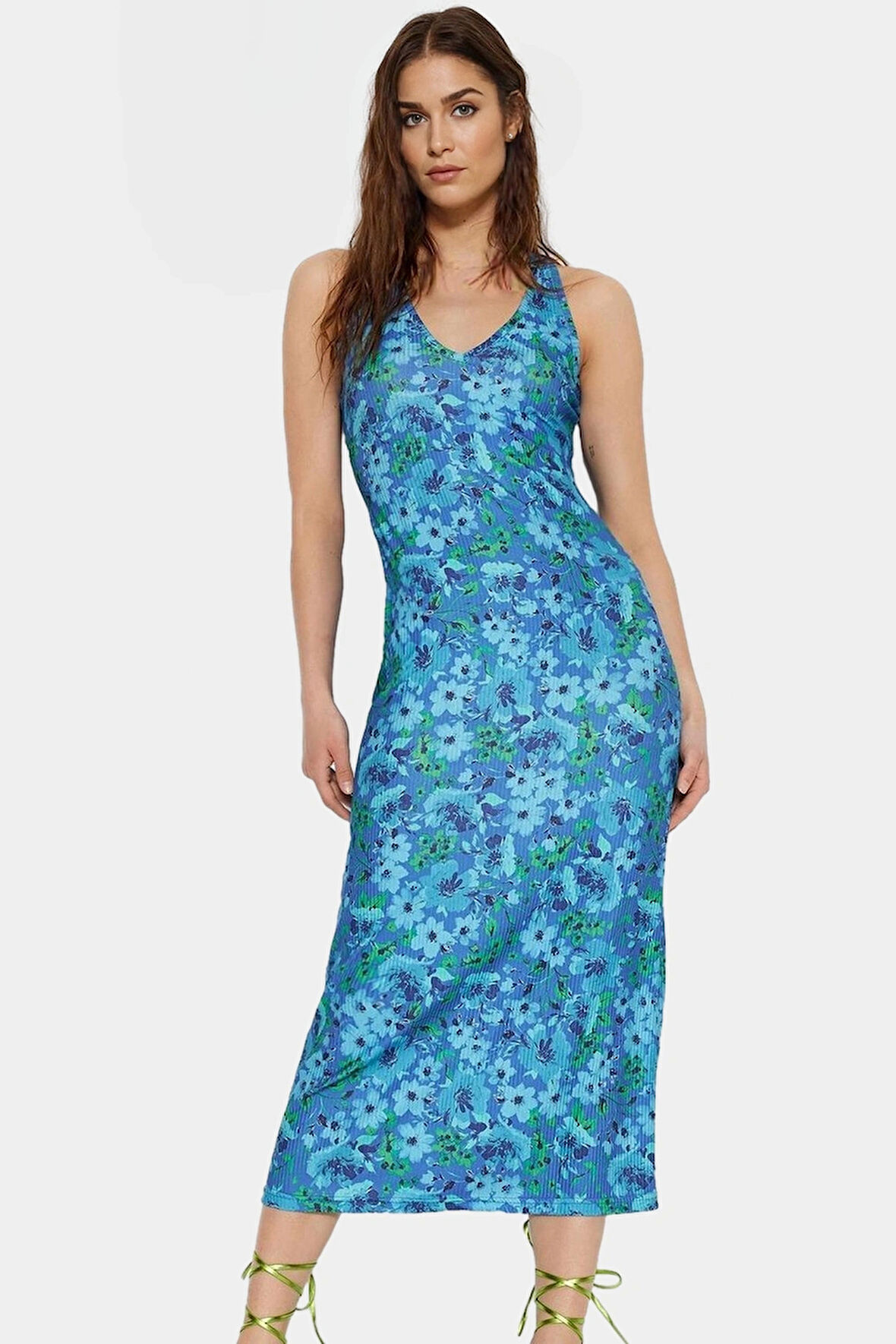 Bodycon Midi Elbise Çiçek Baskı 96% Polyester 120cm Boy Örme Kumaş Dayanıklı Malzeme