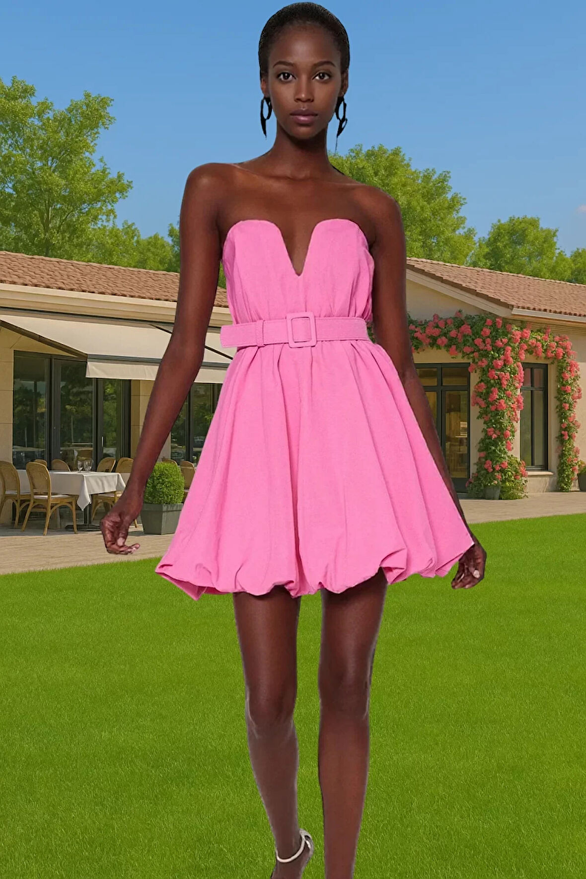 Mini Balon Etekli Straplez Poplin Abiye Elbise Şık Görünüm Profesyonel Görünüm Modern Stil