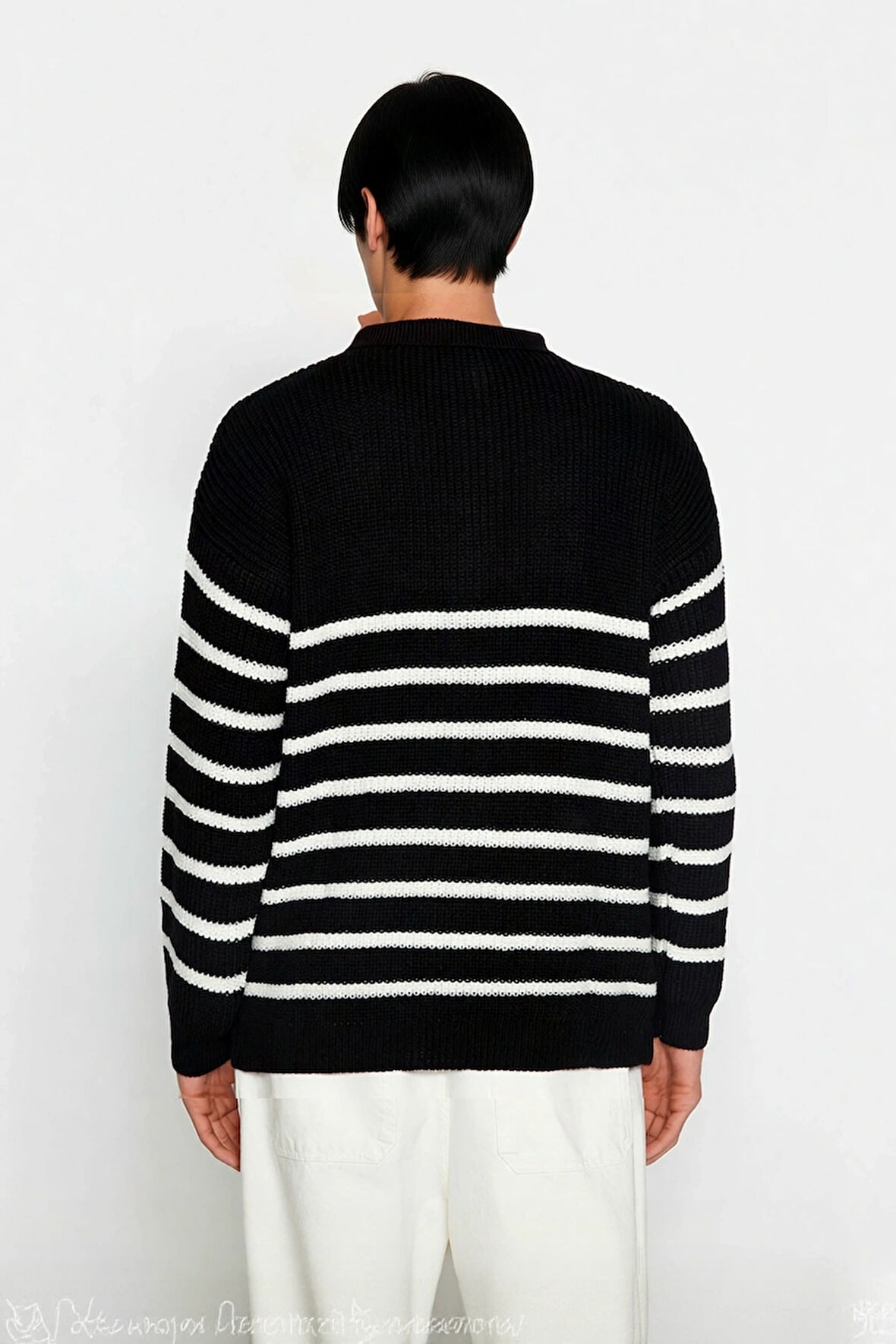 Erkek Polo Yaka Oversize Kalıp Triko Çizgili Kazak Lacivert Renk Kalın Selanik Dokuma Kışlık Giysi