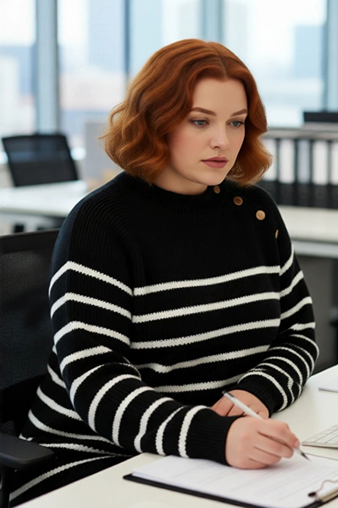 Kadın Rahat Siyah Çizgili Gold Düğme Detaylı Bisiklet Yaka Şardon Akrilik Triko Kazak Kışlık