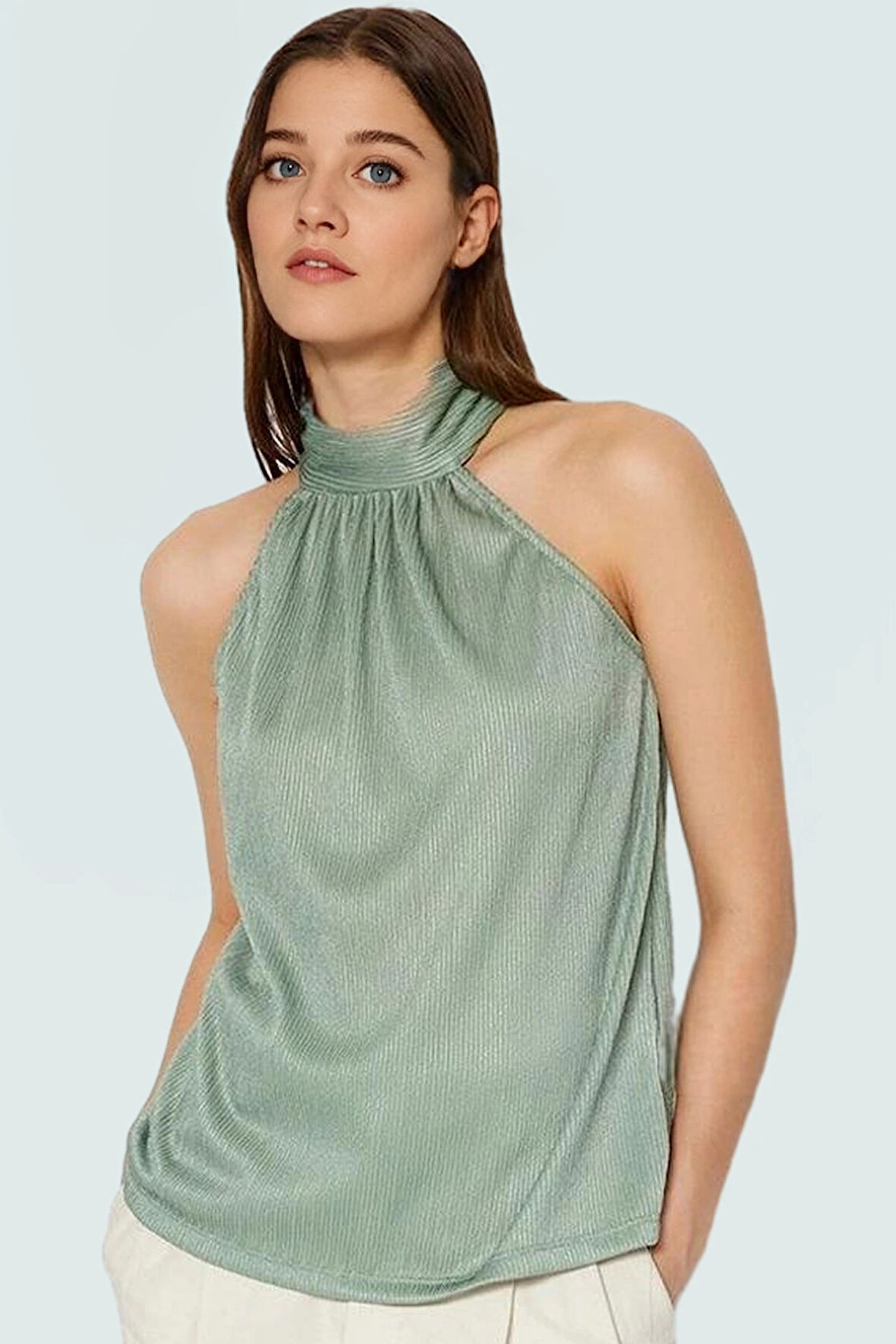 İş ve Günlük Kullanım İçin Polyester Örme Pilise Bluz Halter Yaka Profesyonel Görünüm