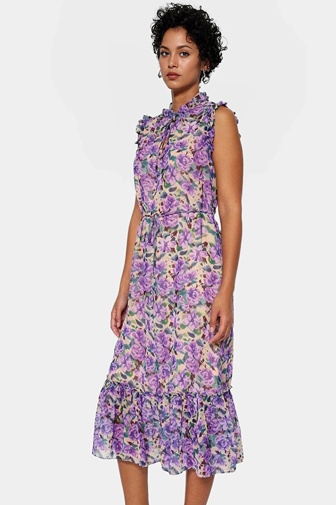 Yazlık Midi Elbise  Polyester Şifon Çiçek Desen A Kesim Premium Kalite Rahat Ve Şık