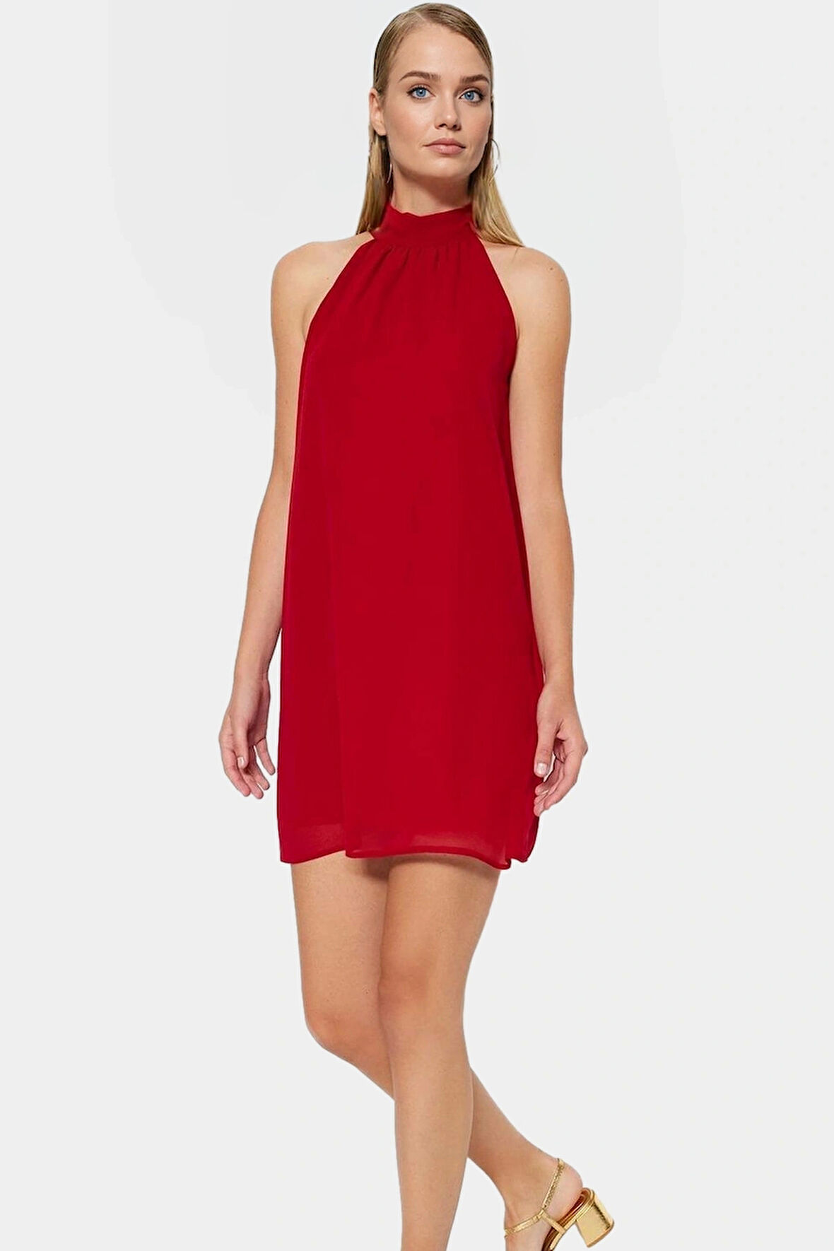 Yazlık Kısa Mini Elbise Şifon Dokuma Astarlı Halter Yaka Düz Kesim Konforlu