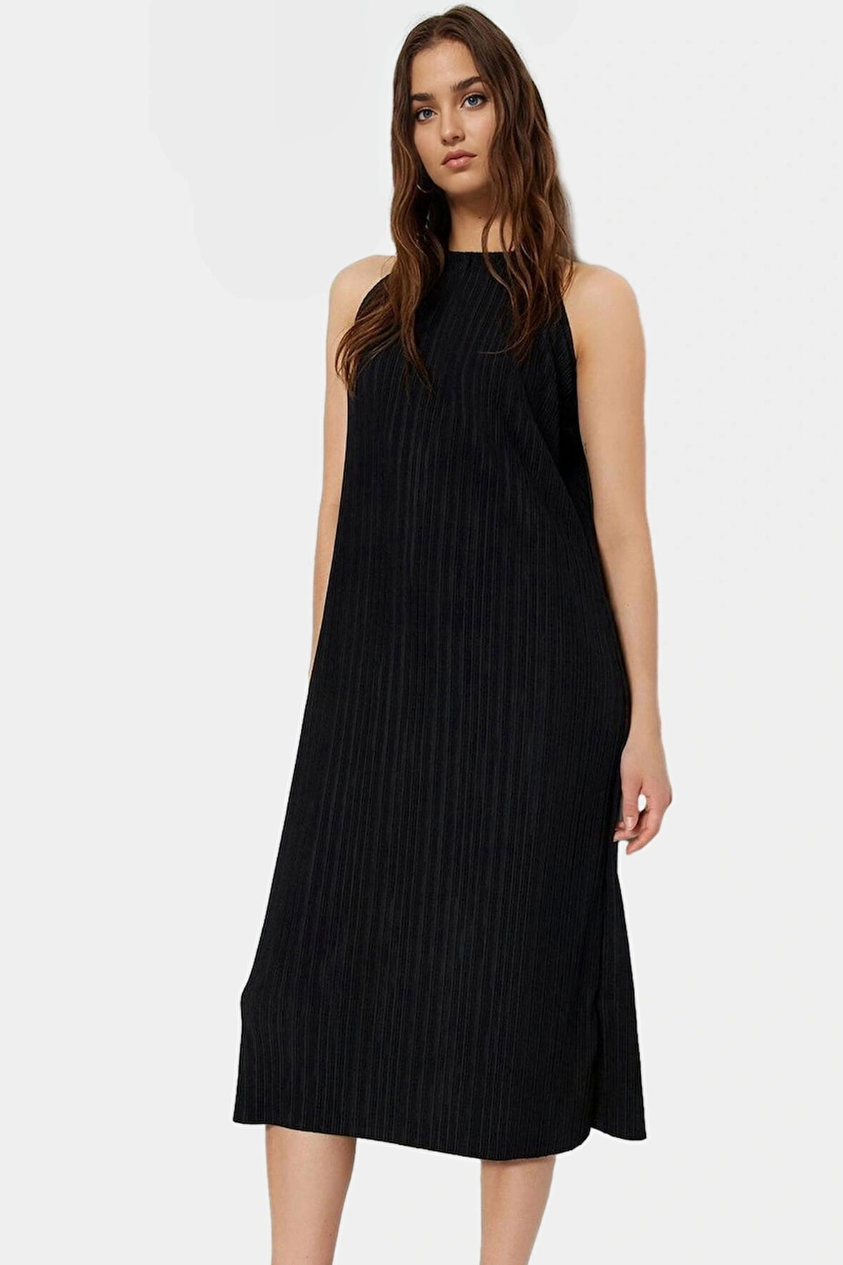 Yazlık Pilise Elbise Şık Halter Yaka Rahat Örme Kumaş Midi Boy Uzun Ömürlü Görünüm