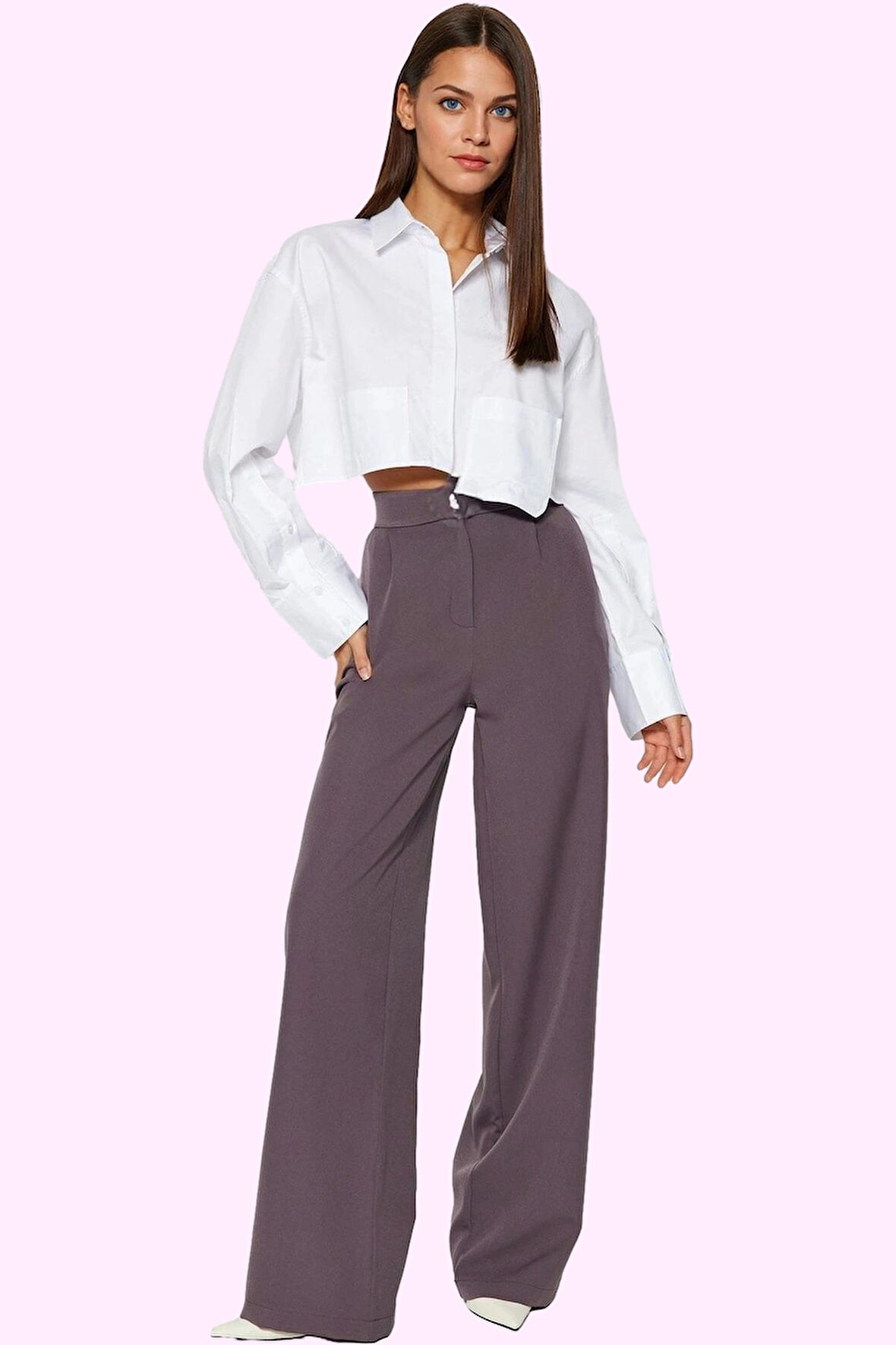 Kadın Casual Wide Leg Pantolon Dokuma Kumaş Yüksek Bel Çift Cepli Günlük Dayanıklı Malzeme