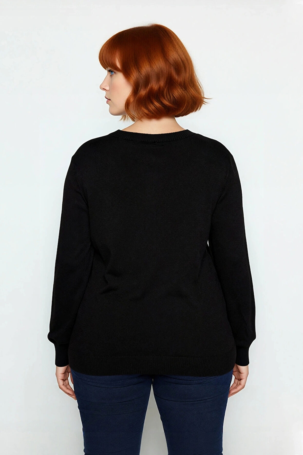 Kadın Düz Desen V Yaka Cut Out Detaylı Triko Kazak Regular Kalıp Uzun Kollu Basic Stilli Kaliteli