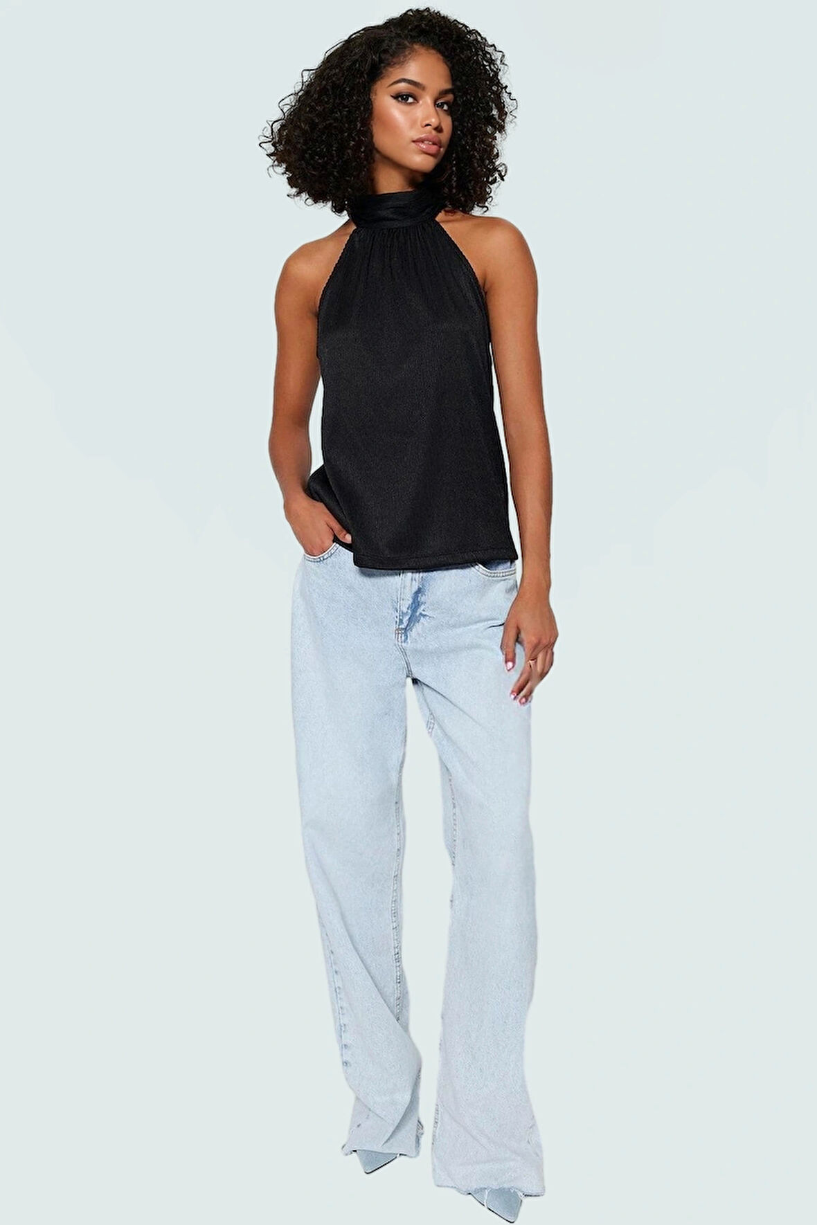 İş ve Günlük Kullanım İçin Polyester Örme Pilise Bluz Halter Yaka Profesyonel Görünüm