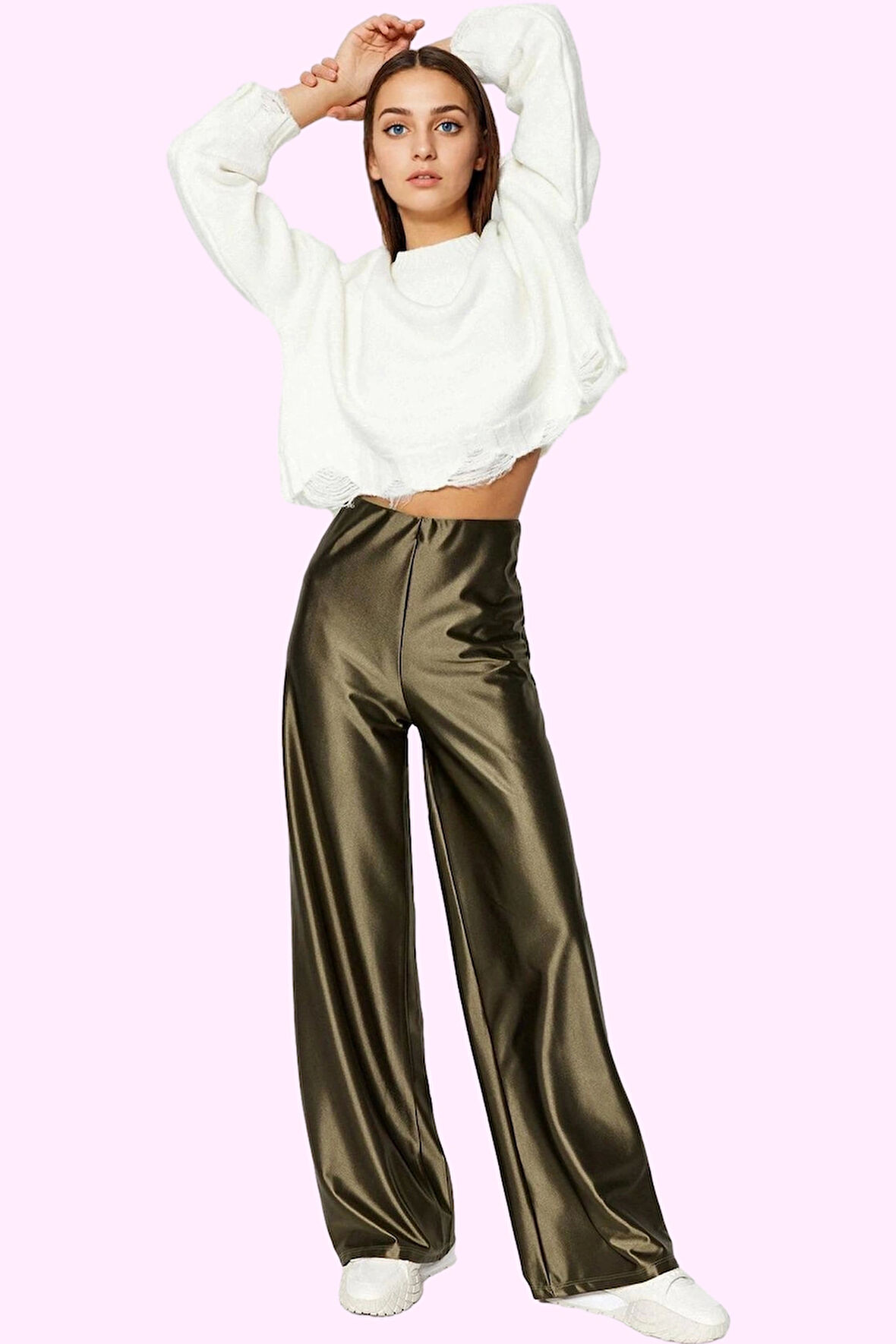 Kadın Örme Pantolon Saten Dokuma Geniş Paça Yüksek Bel Casual Stil Yaz Aylarının Vazgeçilmezi