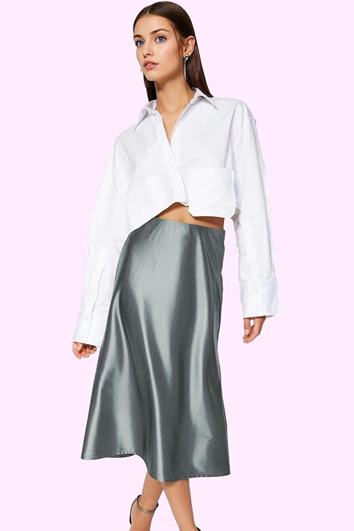 Kadın Saten Etek Midi Boy A Kesim Beli Lastikli Yırtmaçlı Günlük Ve Özel Günler İçin Hafta Sonu