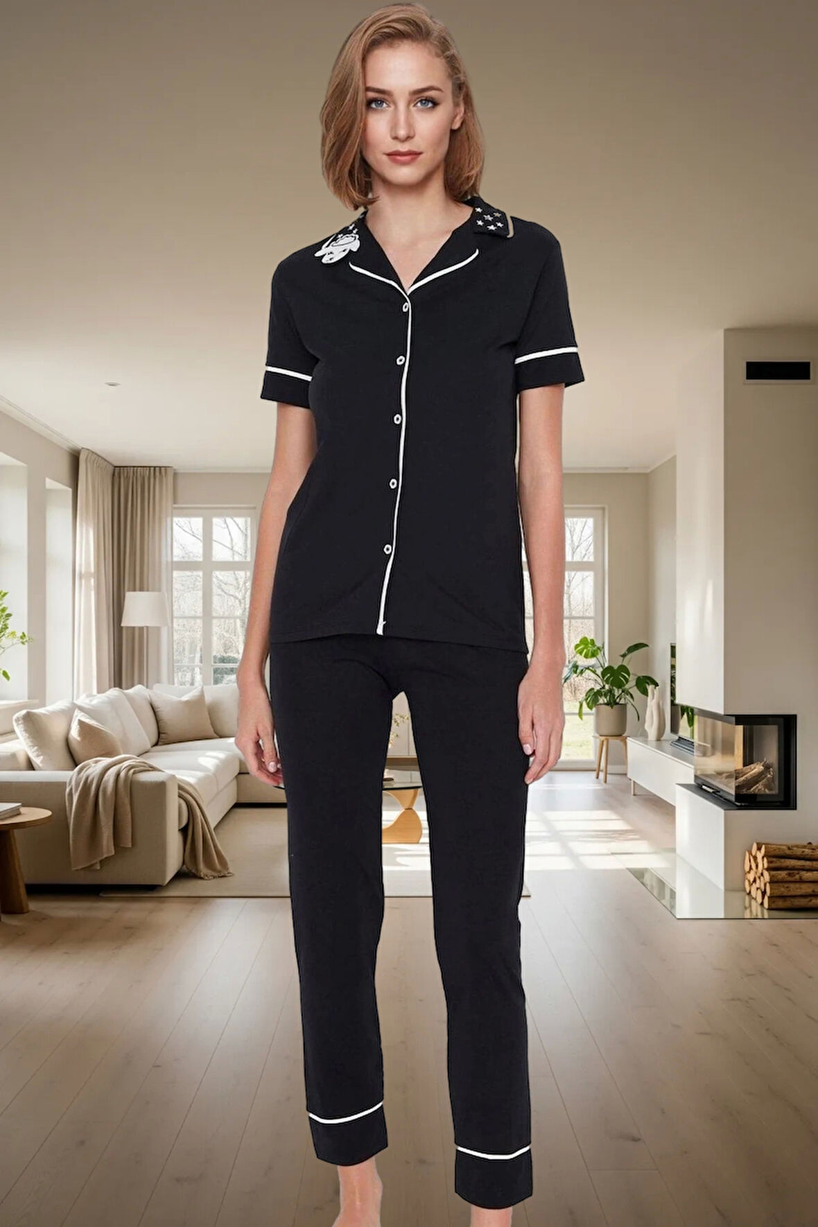 Pamuklu Kuzu Baskılı Pijama Takımı Regular Kalıp Uzun Paça Ömürlü Özel Tasarım