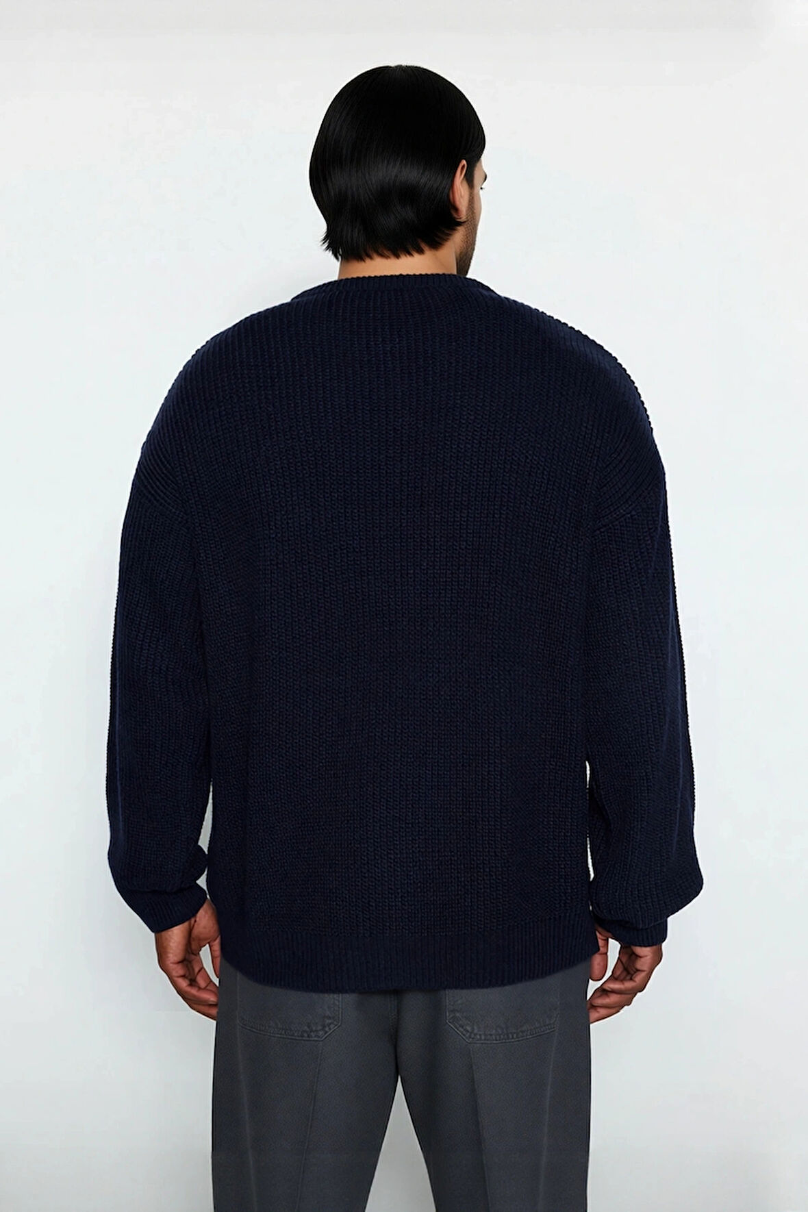 Casual Erkek Gri Büyük Beden Oversize Bisiklet Yaka Düşük Kol Triko Kazak Soğuk Günler İçin