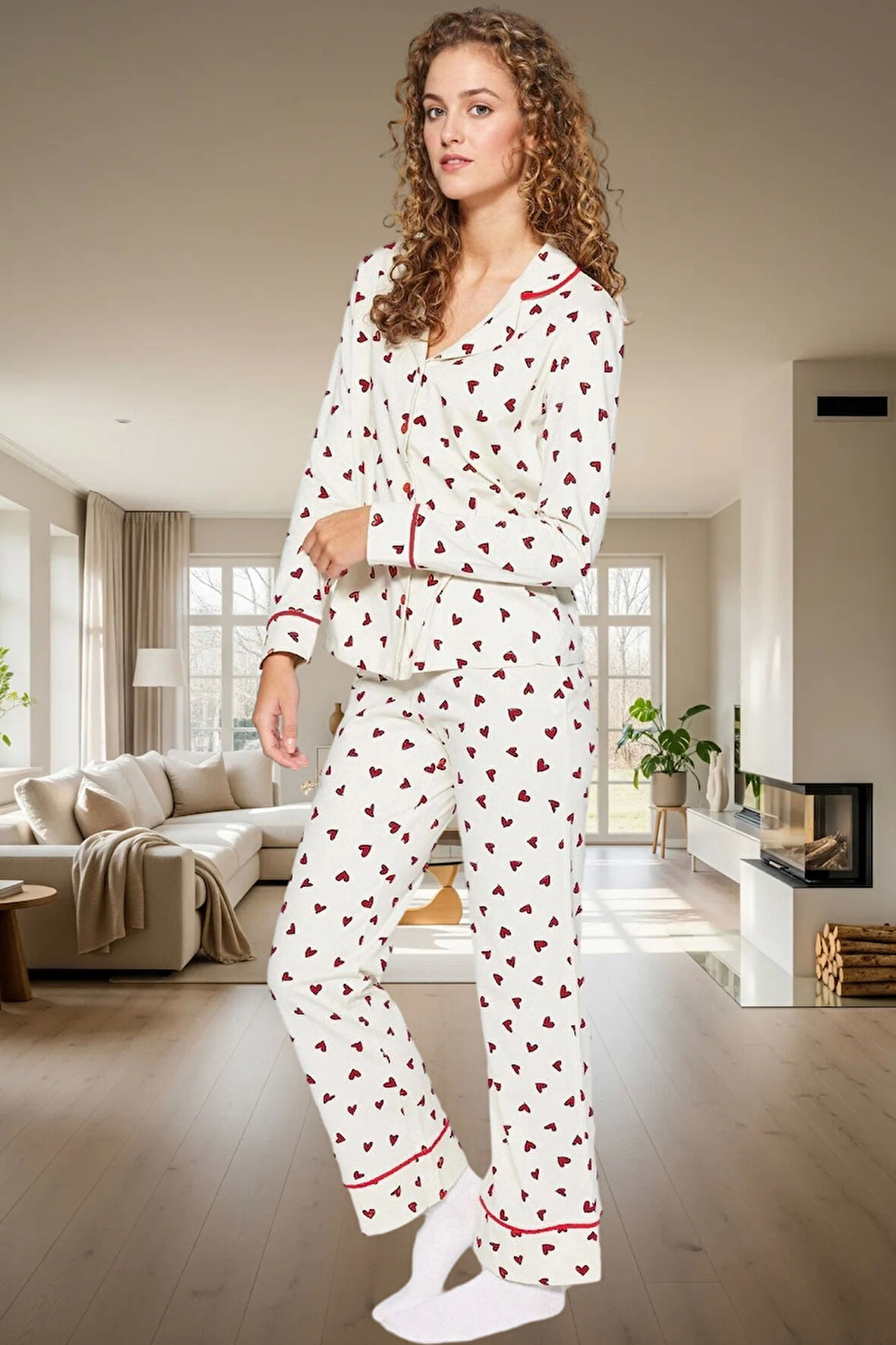 Ev Giyim Seti %100 Pamuklu Kalpli Biyeli Regular Uzun Paça Kışlık Modern Stil Kaliteli İşçilik