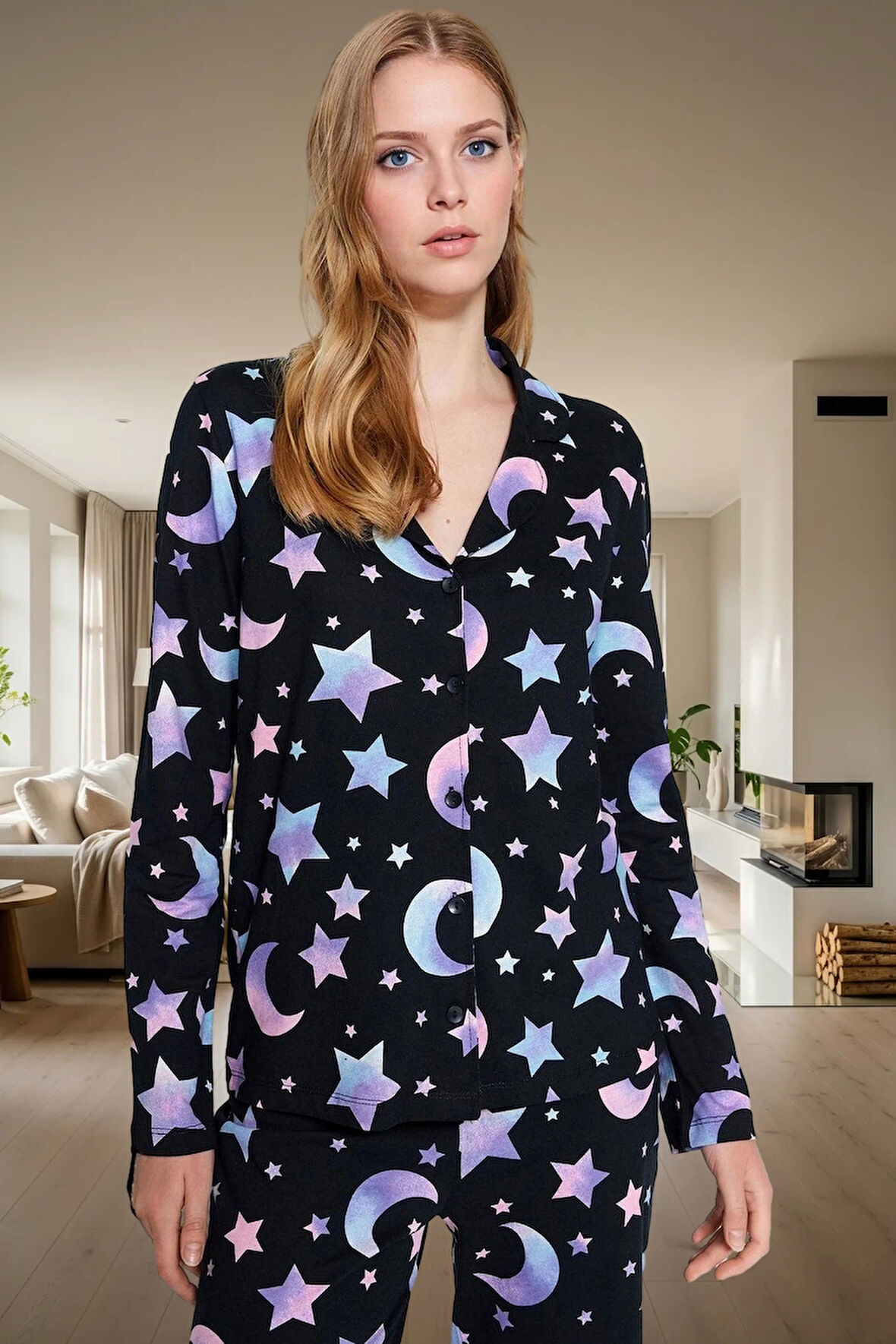 Kış İçin İdeal %100 Pamuklu Galaksi Desenli Pijama Takımı Sıcaklık ve Şıklık Kaliteli İşçilik