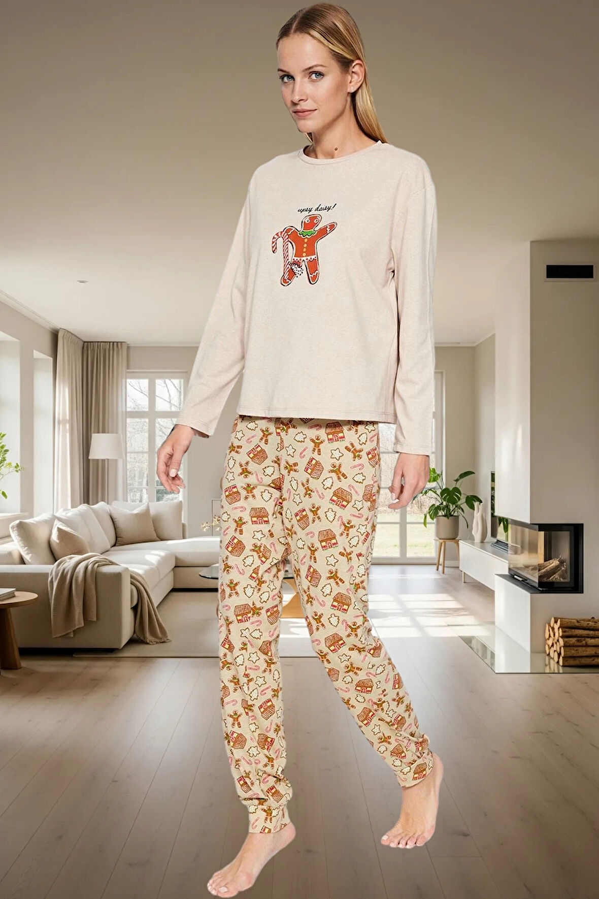 Yılbaşı Temalı %100 Pamuk Örme Pijama Takımı Kış Rahatlığı İçin Mükemmel Seçim Günlük Kullanım