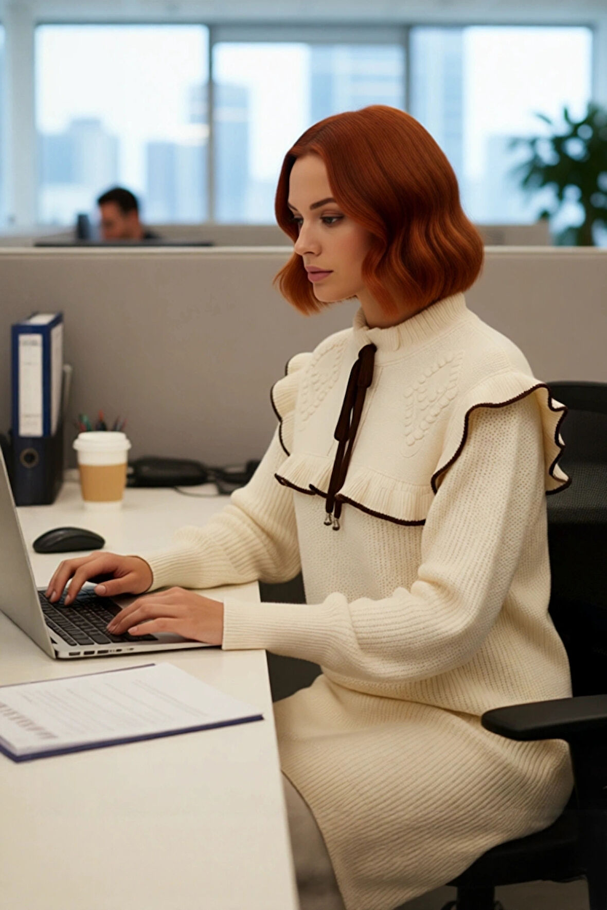 Kadın Dik Yaka Düşük Kollu Selanik Dokuma Biyeli Tunik Saç Örgü Detaylı Kışlık Kazak Kaliteli