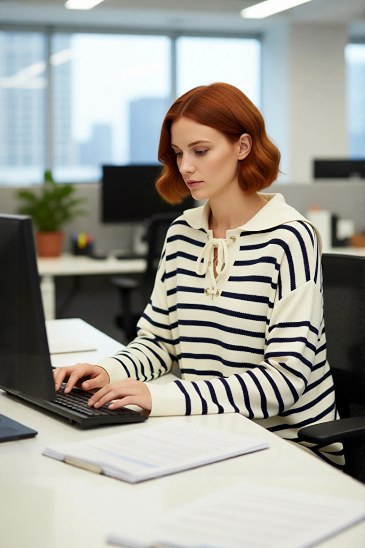 Kadın Günlük Relaxed Kalıp Çizgili Bağcıklı Yaka Triko Kazak Konforlu ve Şık Bir Tarz Sunar