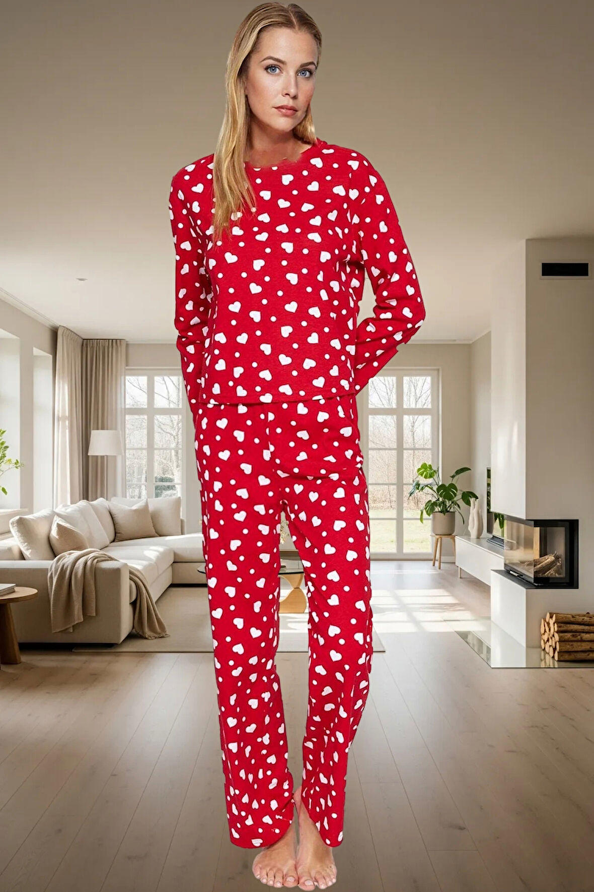 Rahat Pamuklu Pijama Takımı Kışlık Homewear Seti Kalpli Desen Uzun Kollu Özenle Seçilmiş