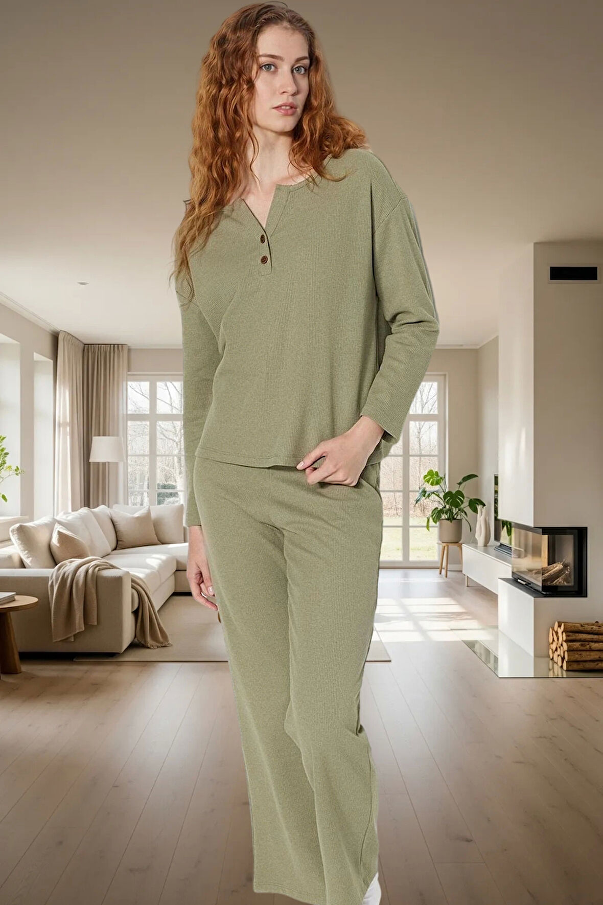 Kışlık 2'li Waffle Pijama Takımı V Yaka Pamuklu Regular Kalıp Özenle Seçilmiş Rahat Ve Şık