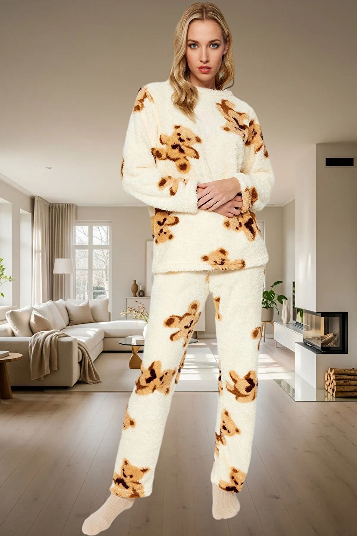 Ayıcıklı Desenli Kışlık Pijama Takımı Wellsoft Kumaş Regular Kalıp Premium Kalite Şık Görünüm