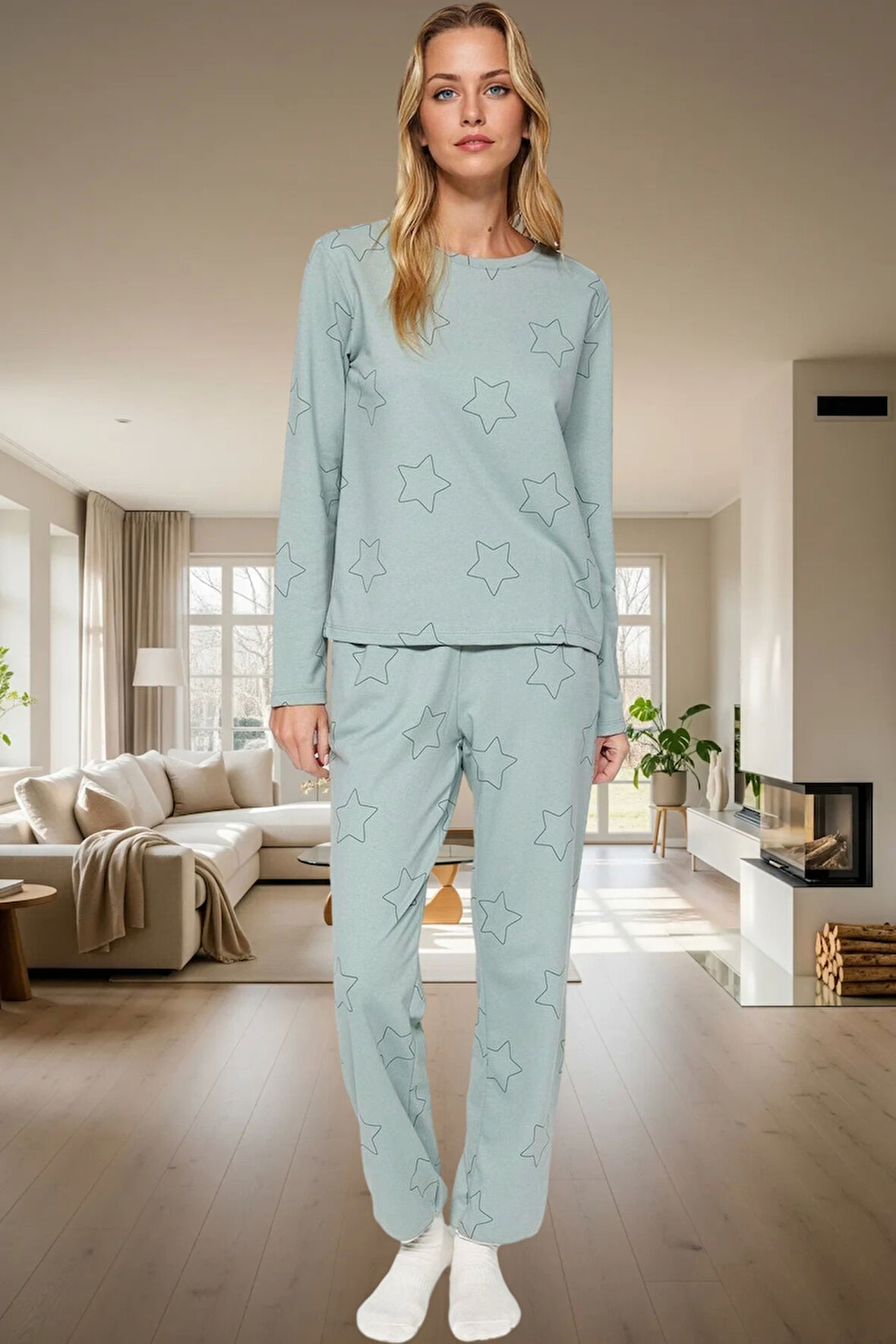 Ev Giyim Seti %100 Pamuklu Yıldız Desenli Rahat Pijama Takımı Kaliteli İşçilik Premium Kalite