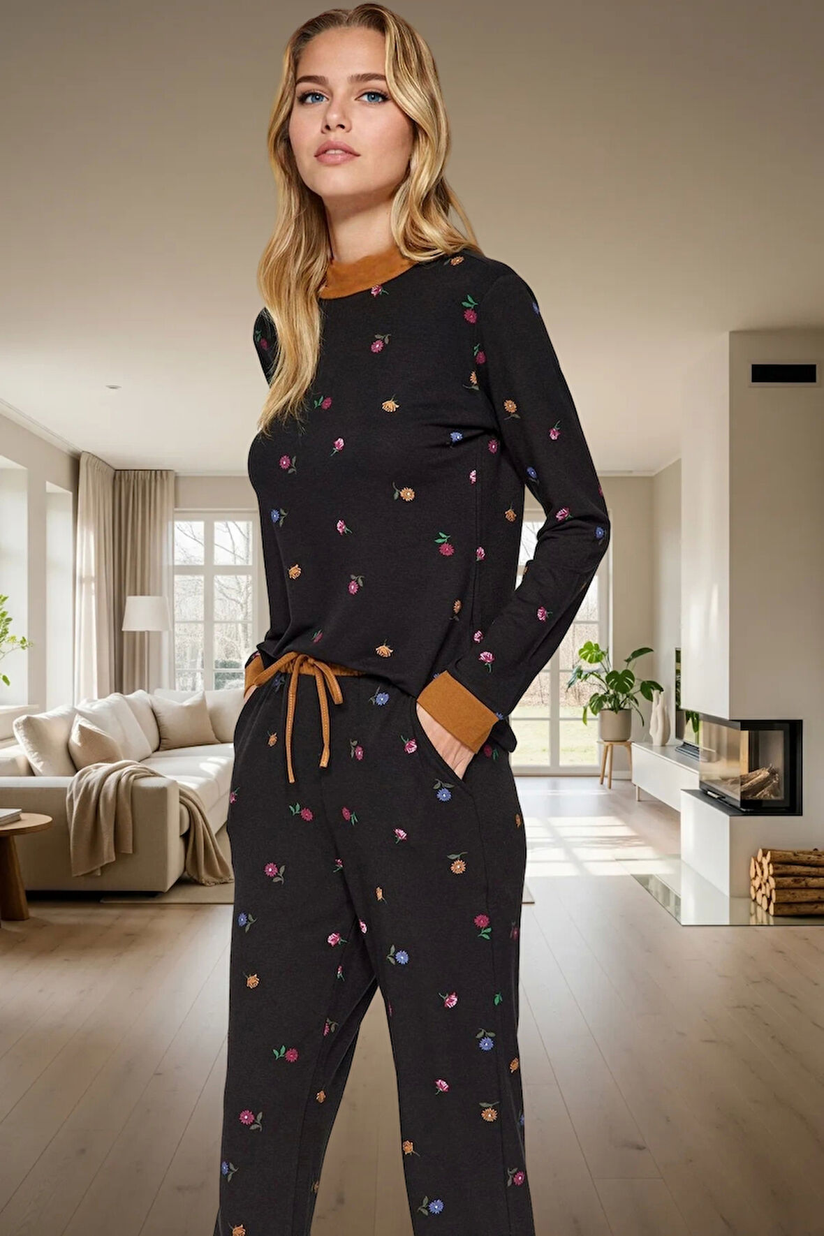 Çiçek Desenli Pamuklu Pijama Takımı Regular Boru Paça Kaliteli İşçilik Modern Stil
