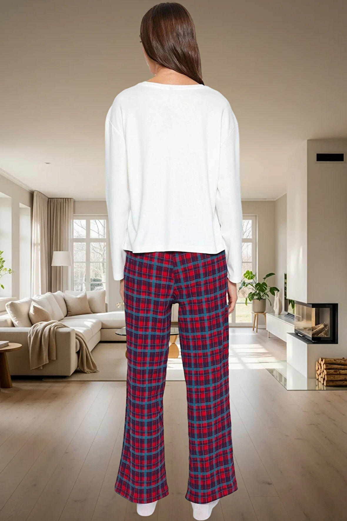 Örme Kaşkorse Pijama Takımı Cep Detaylı Ekoseli %100 Pamuk Rahat Kullanım Zarifane Tasarım