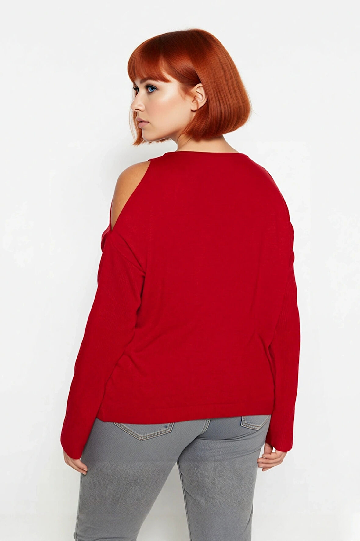 Kadın Rahat Relaxed Kalıp Dik Yaka Düşük Kollu Omzu Açık Detaylı Trend Akrilik Triko Kazak