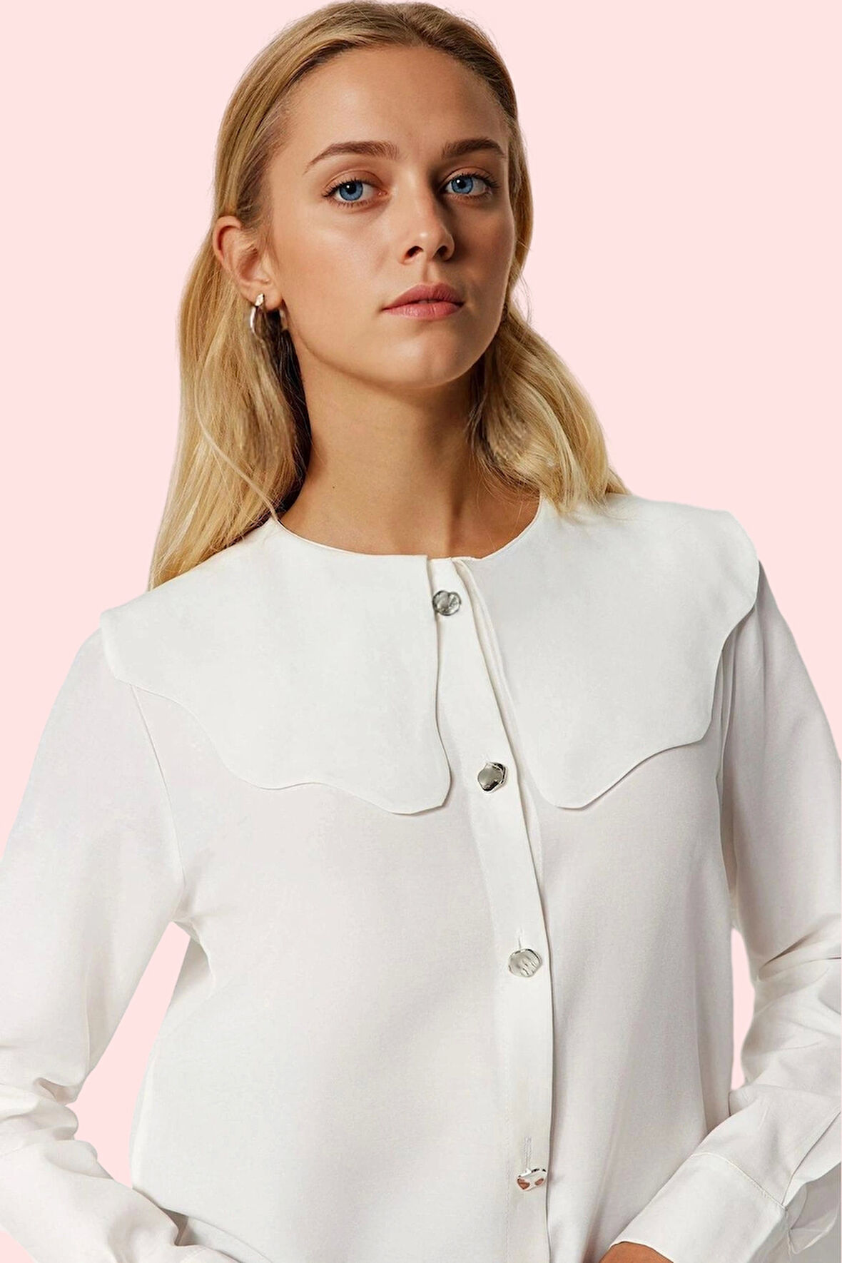 Kadın Viskoz Karışımlı Uzun Kollu Gömlek; Jessica Dokuma Bebe Yaka Günlük Kullanım Hafta Sonu