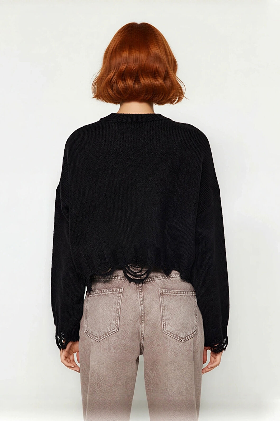 Kadın Basic Siluet Oversize Triko Kazak Crop Düşük Kol Akıtma Detaylı Soğuk Havalar İçin İdeal