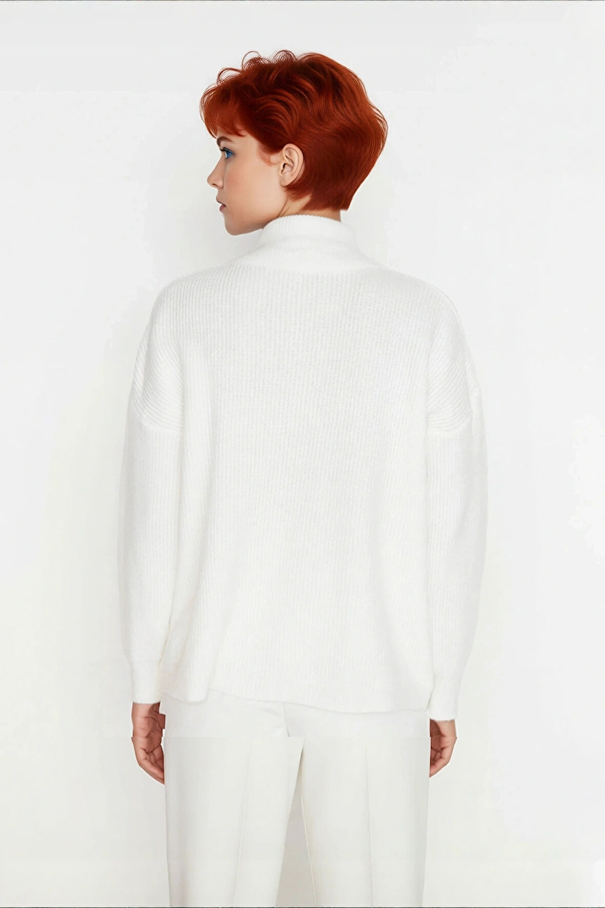 Kadın Oversize Rahat Kesim Düşük Kol Fermuarlı Dik Yaka Triko Selanik Örgü Uzun Kollu Kazak