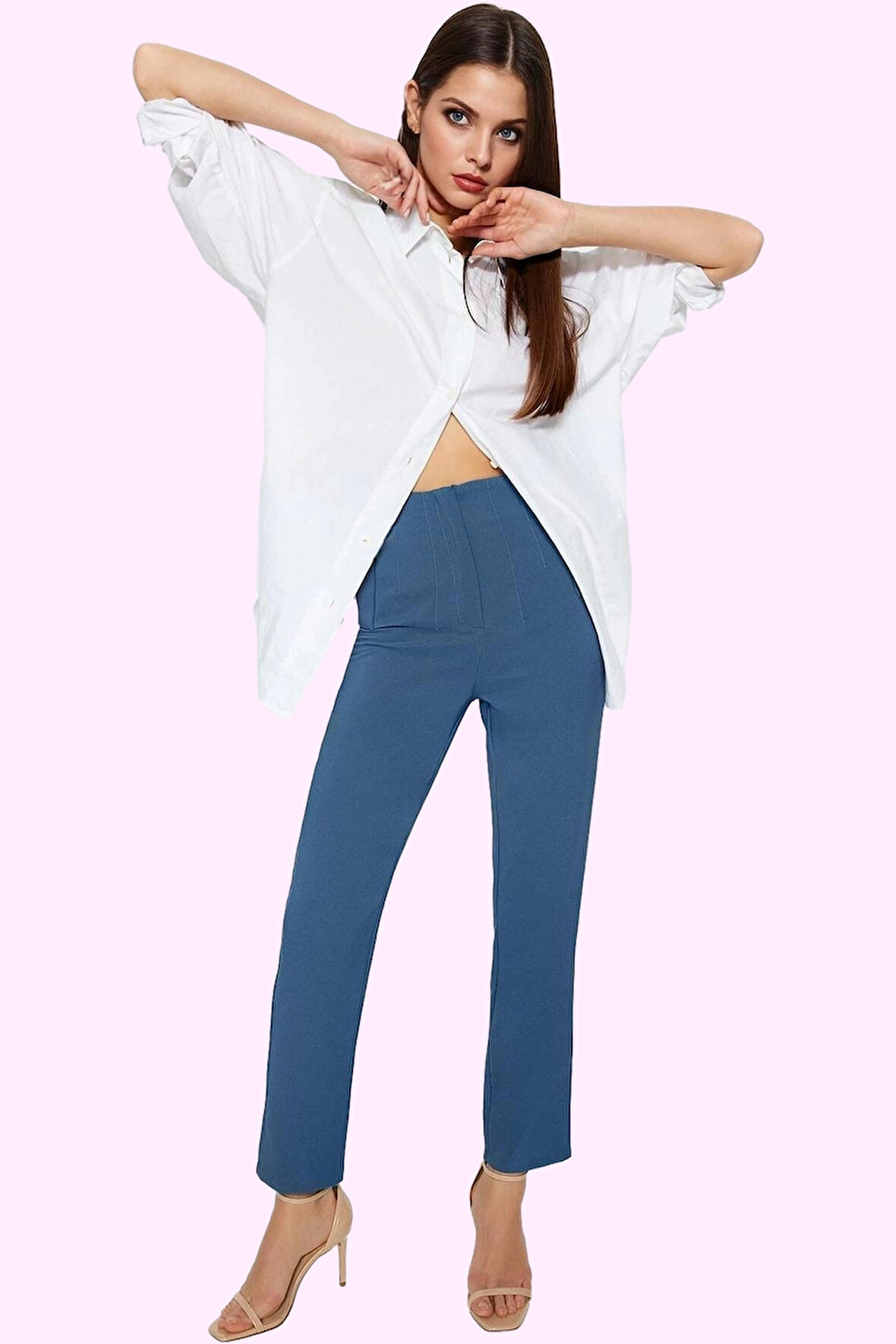 Kadın Polyester Elastan Dokuma Pantolon Yüksek Bel Cigarette Kalıp Tüm Sezonlar Günlük Kullanım