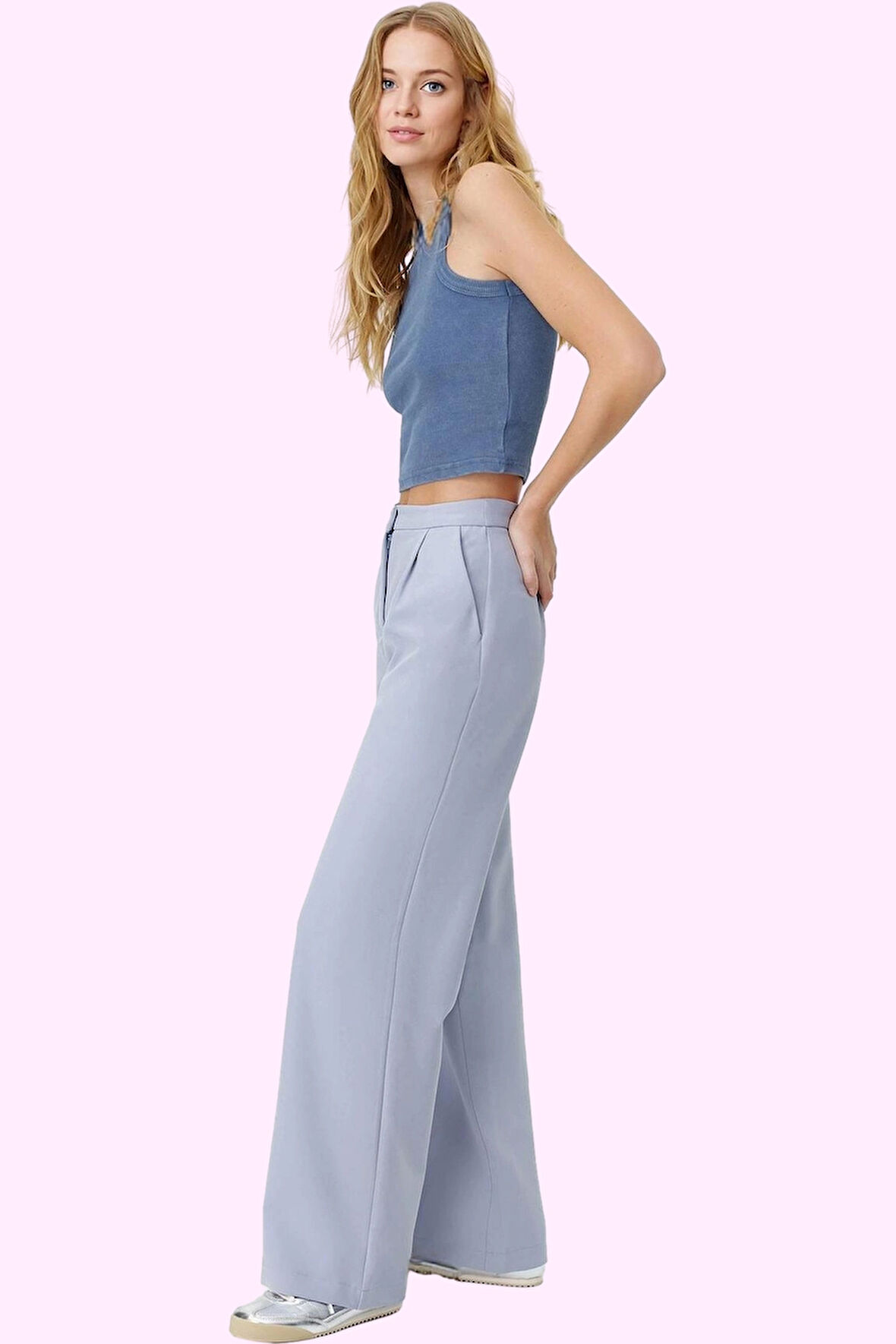 Kadın Casual Wide Leg Pantolon Dokuma Kumaş Yüksek Bel Çift Cepli Günlük Dayanıklı Malzeme