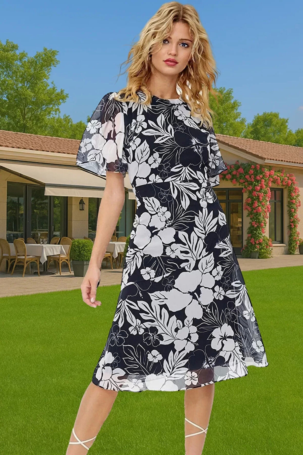 Polyester Midi Elbise Şifon Kumaş A Kesim Melek Kol Astarlı Zarifane Tasarım Trend Tasarım