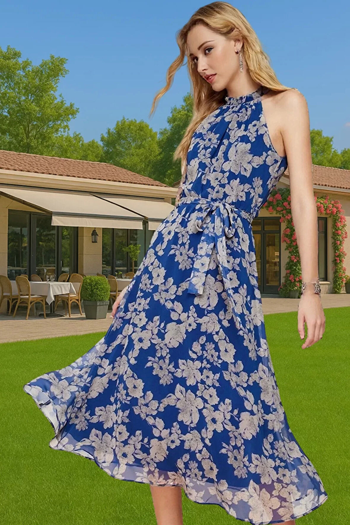 Yazlık Çiçekli A Kesim Bel Kuşaklı Midi Dokuma Elbise Modern Stil Özenle Seçilmiş Seçkin Malzeme