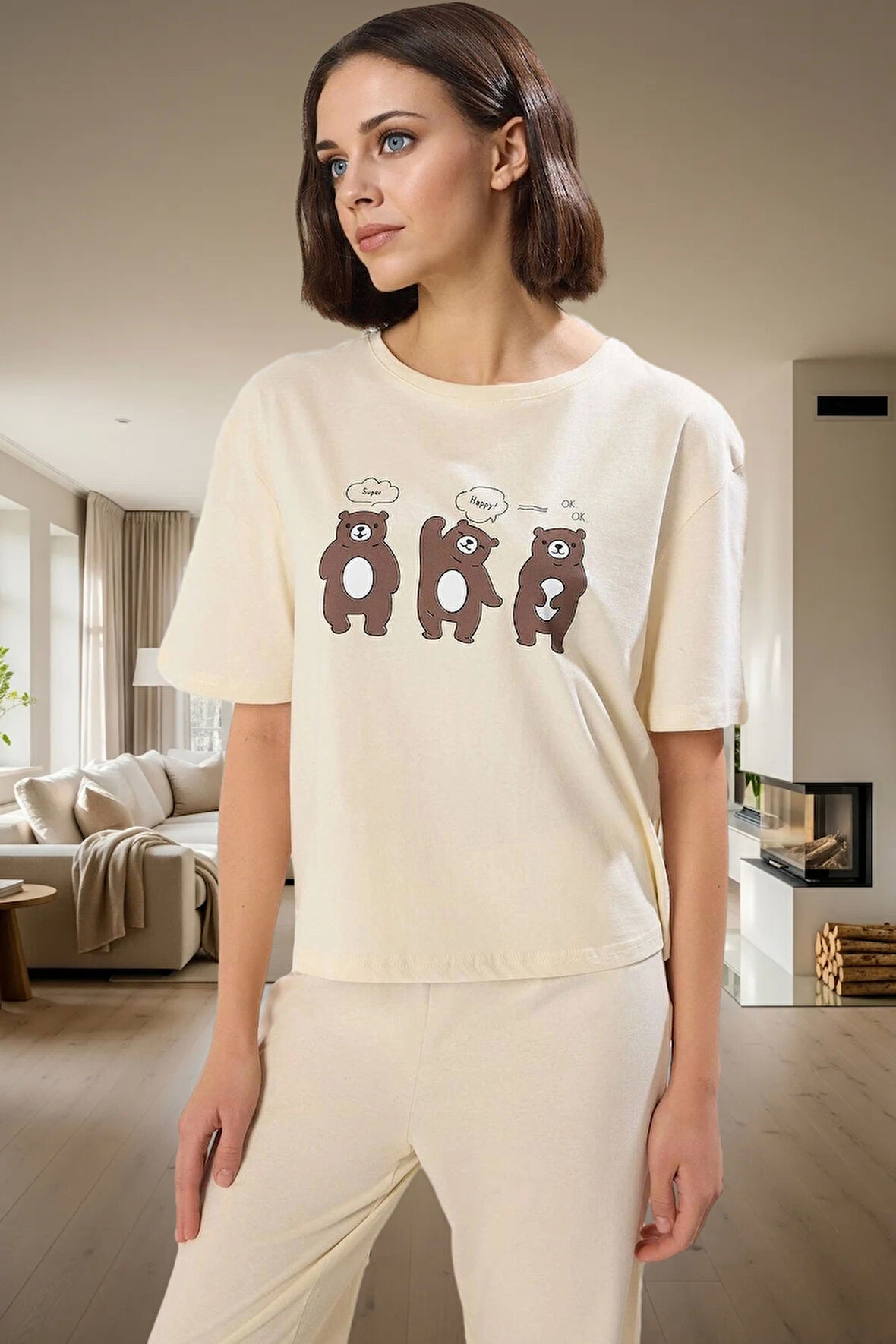 Eğlenceli Baskılı Homewear Pijama Takımı %100 Pamuk Rahat Kesim Modern Stil Kullanım