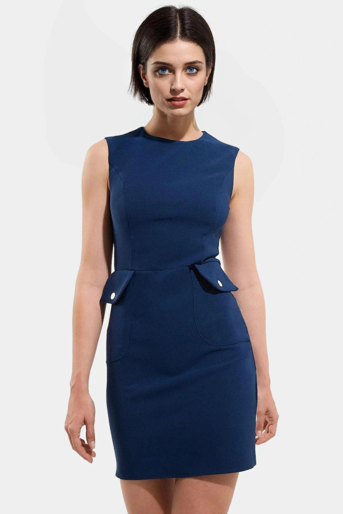 88 Polyester 12 Elastan Mini Elbise Şık Bodycon Kesim Bisiklet Yaka Cepsiz Tasarım