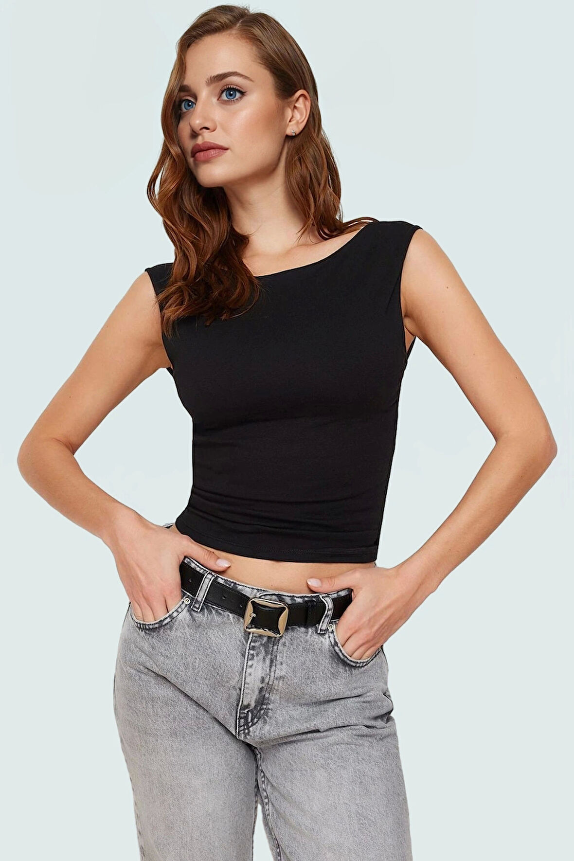 Regular Fitted Bluz 97 Pamuk 3 Elastan Bisiklet Yaka Sırt Dekolteli Yüksek Kalite