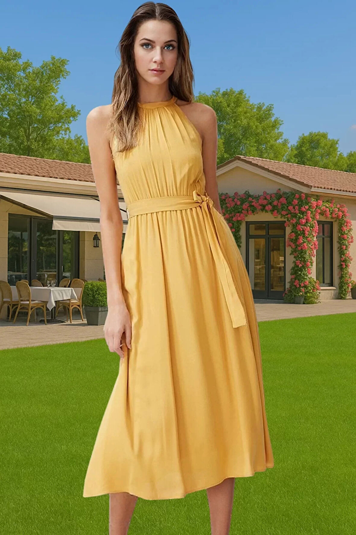 Rahat Viskoz Dokuma A Kesim Midi Elbise Kuşak Detayı ile Konforlu Kesim Şık Görünüm Seçkin Malzeme