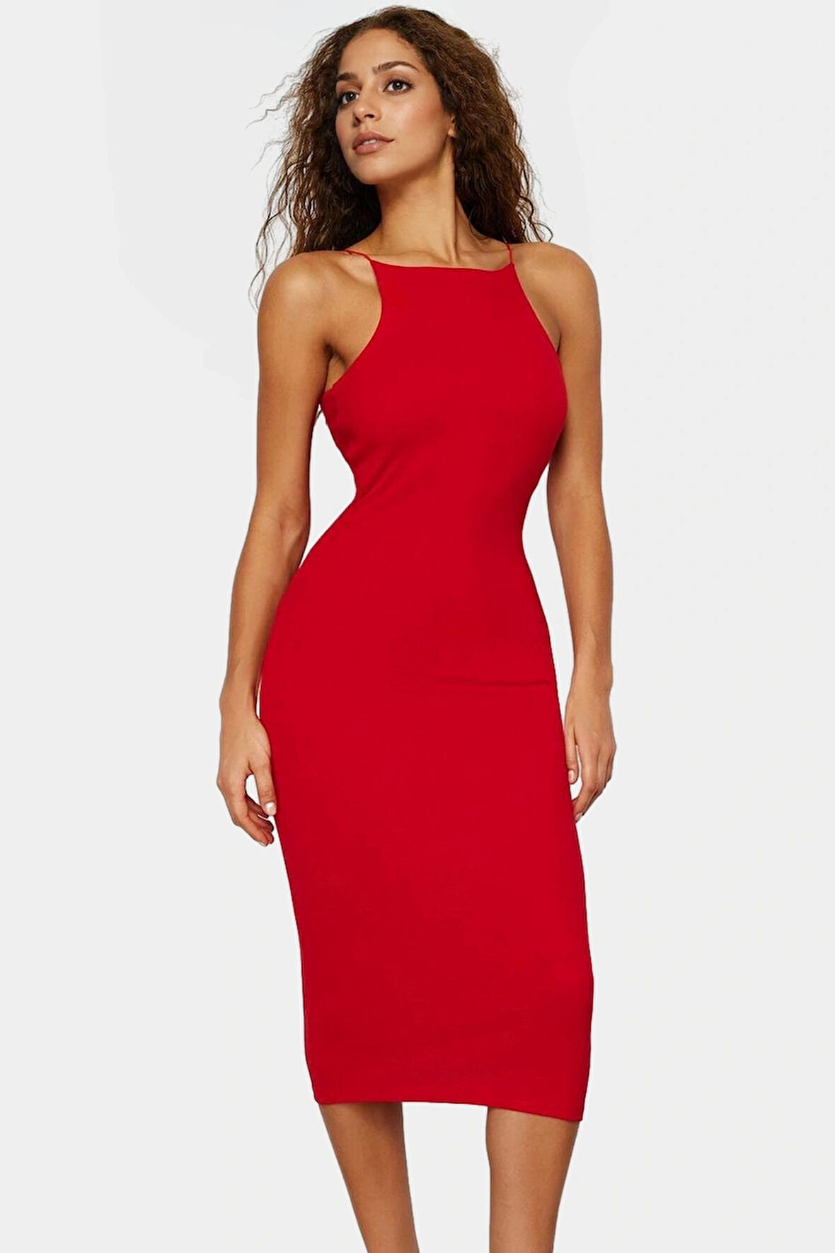 Yazlık Halter Yaka Bodycon Midi Elbise Pamuk Elastan Örme Trend Tasarım Dayanıklı Malzeme