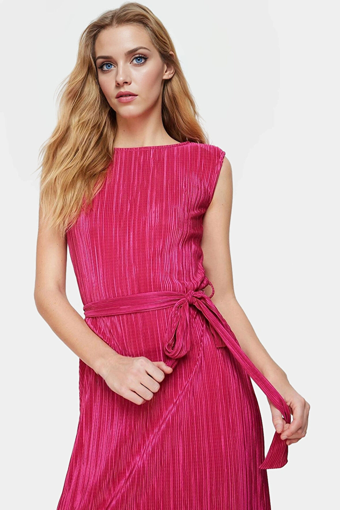 Polyester Örme Kumaş Midi Elbise Shift Kalıp Bisiklet Yaka Vatkalı Uzun Ömürlü