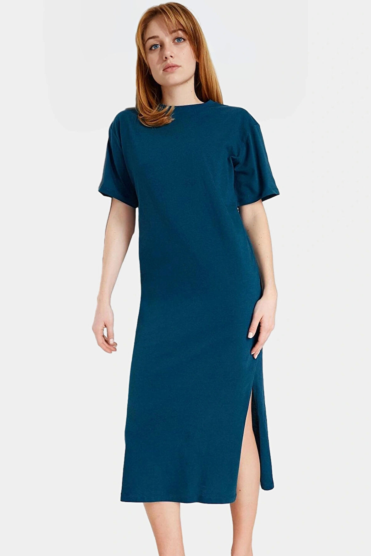 Yazlık %Pamuk Midi Elbise Eskitme Efektli ve Yırtmaçlı Konforlu Kesim Modern Stil