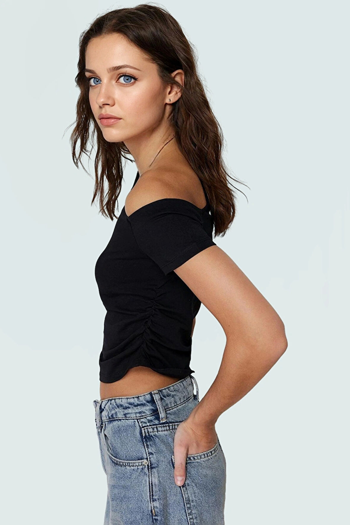 Asimetrik Yaka Basic Crop Bluz Örme Pamuklu Kumaş Yazlık Günlük Kombin Trend Tasarım