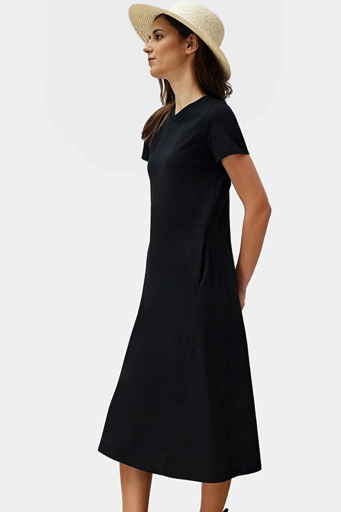 Cep Detaylı Pamuklu Örme Midi Elbise Bisiklet Yaka Rahat Kalıp Özel Tasarım Zarifane