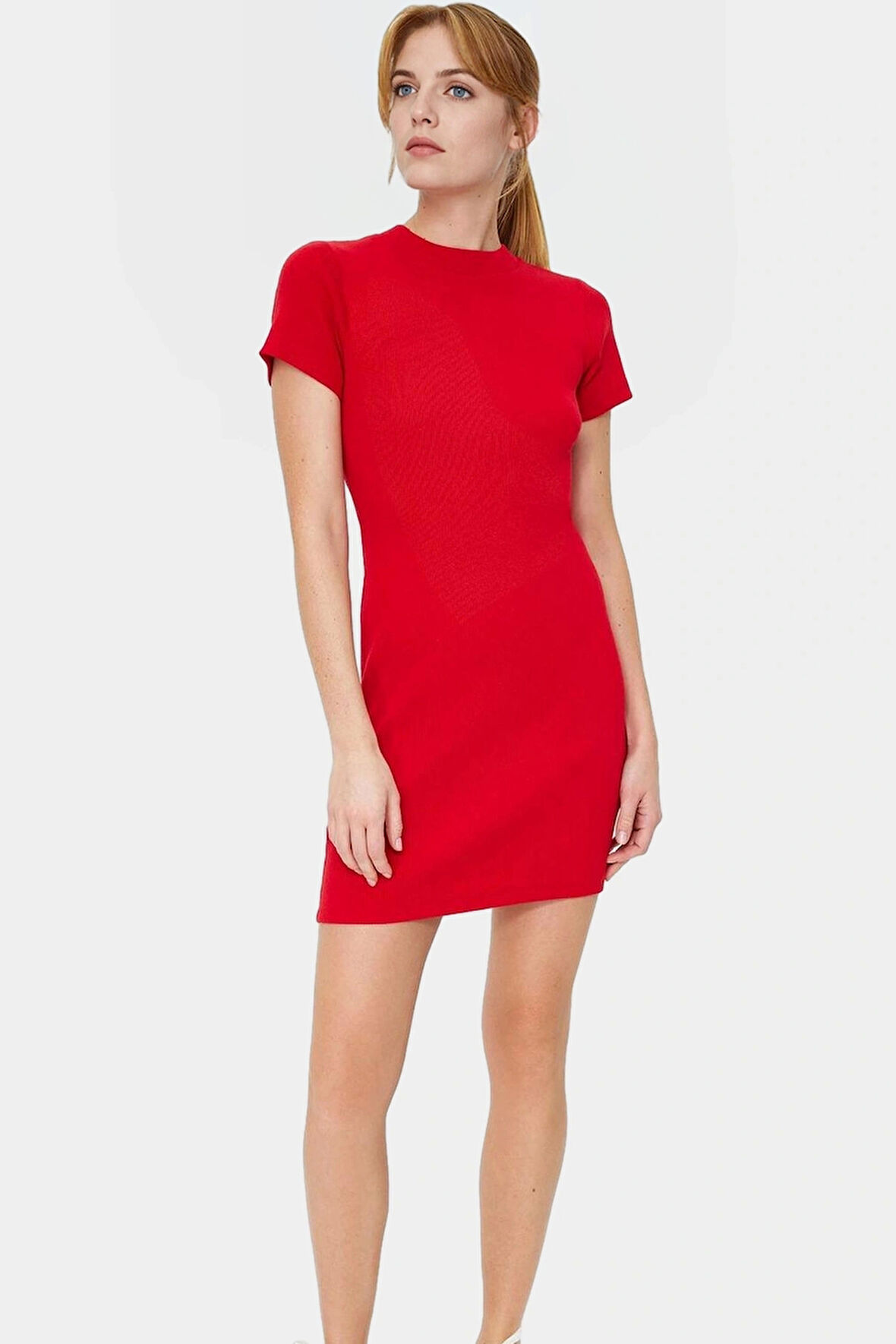 Rahat Mini Elbise Kısa Kollu Bisiklet Yaka Örme Kumaş Casual Günlük Stil Kullanım İçin