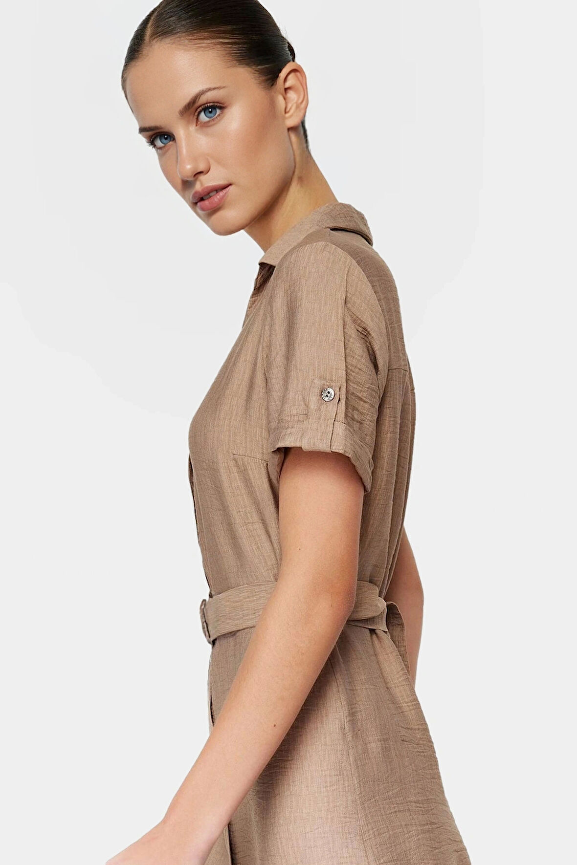 Kısa Kollu Kemerli Viskoz Elbise Dokuma Kumaş Midi Boy Şık Tasarım Kaliteli İşçilik