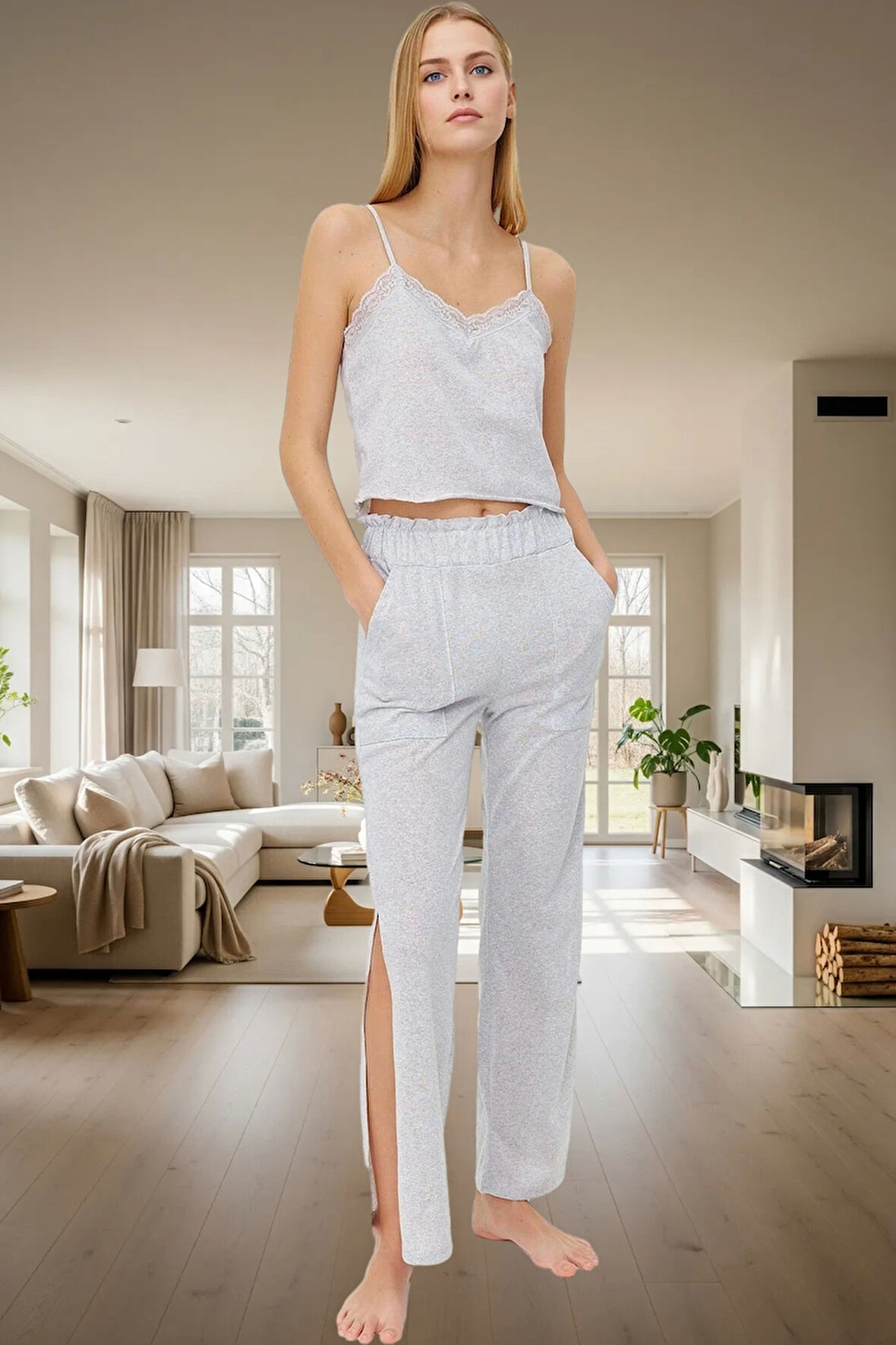 Melanj Dantelli Pijama Takımı Örme Kumaş Regular Kalıp Evde Rahatlık Seçkin Malzeme