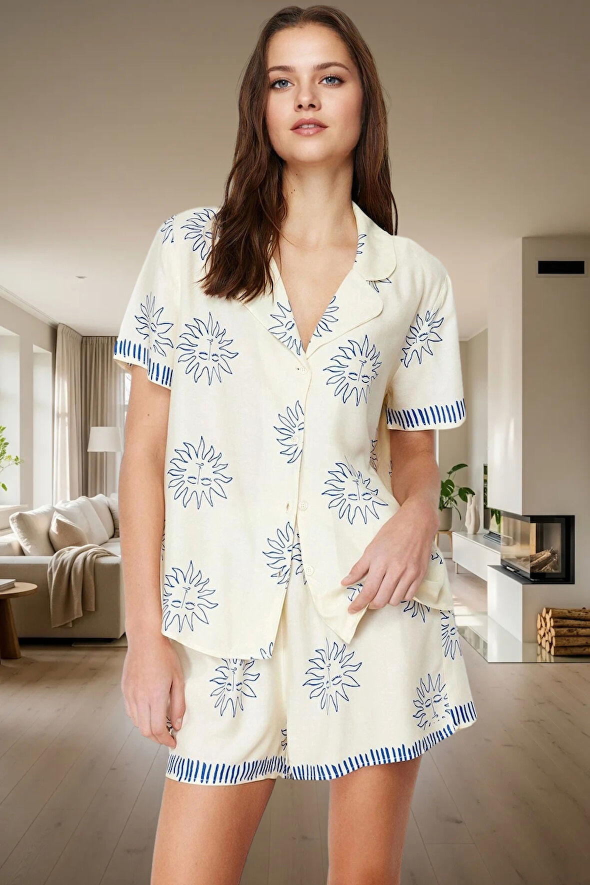 Şortlu Pijama Takımı Yumuşak Viskon ve Güneş Desenleri Özenle Seçilmiş Konforlu Kesim