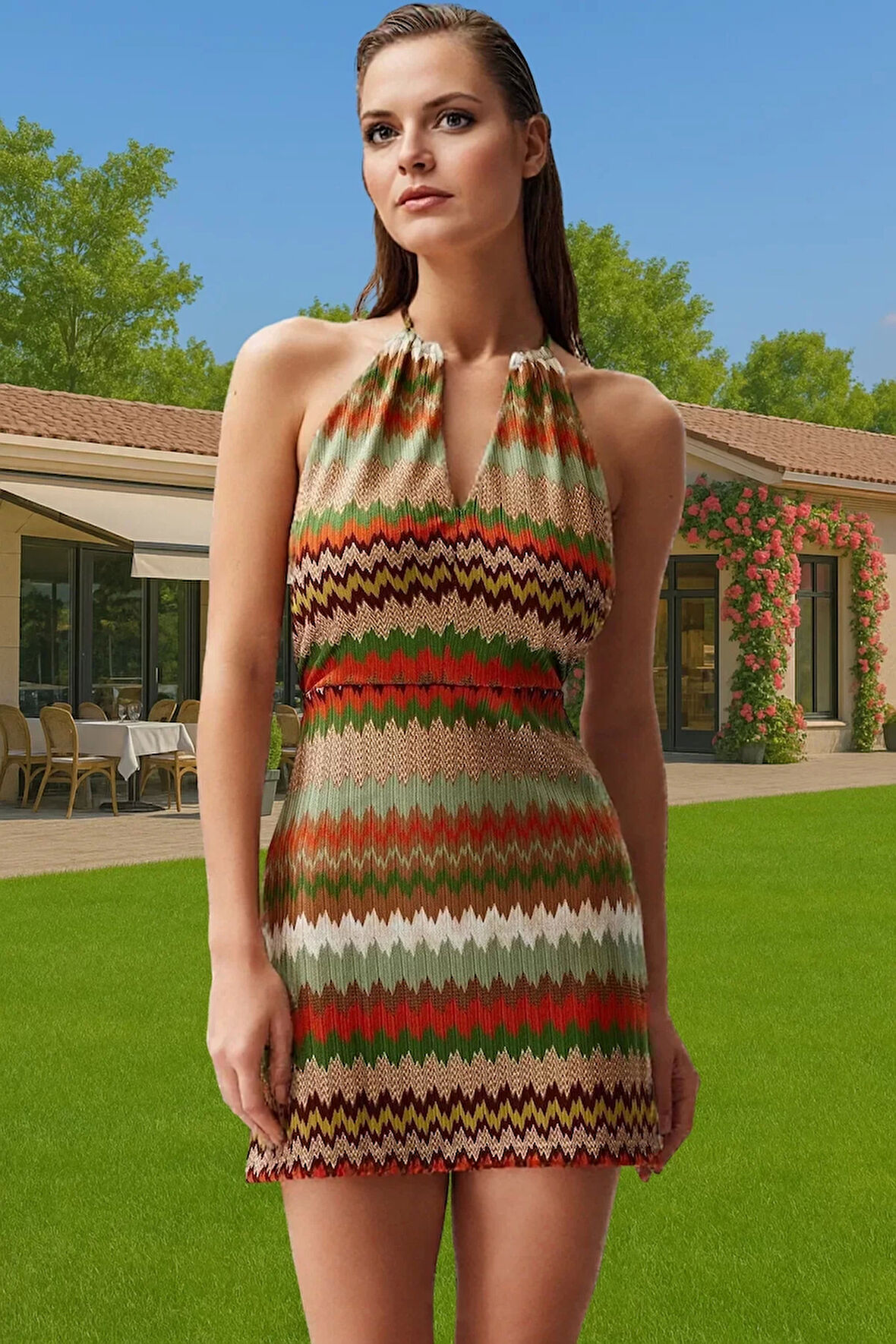 Örme Geometrik Desenli Cut Out Mini Elbise Özenle Seçilmiş Özel Tasarım Mükemmel Uyum