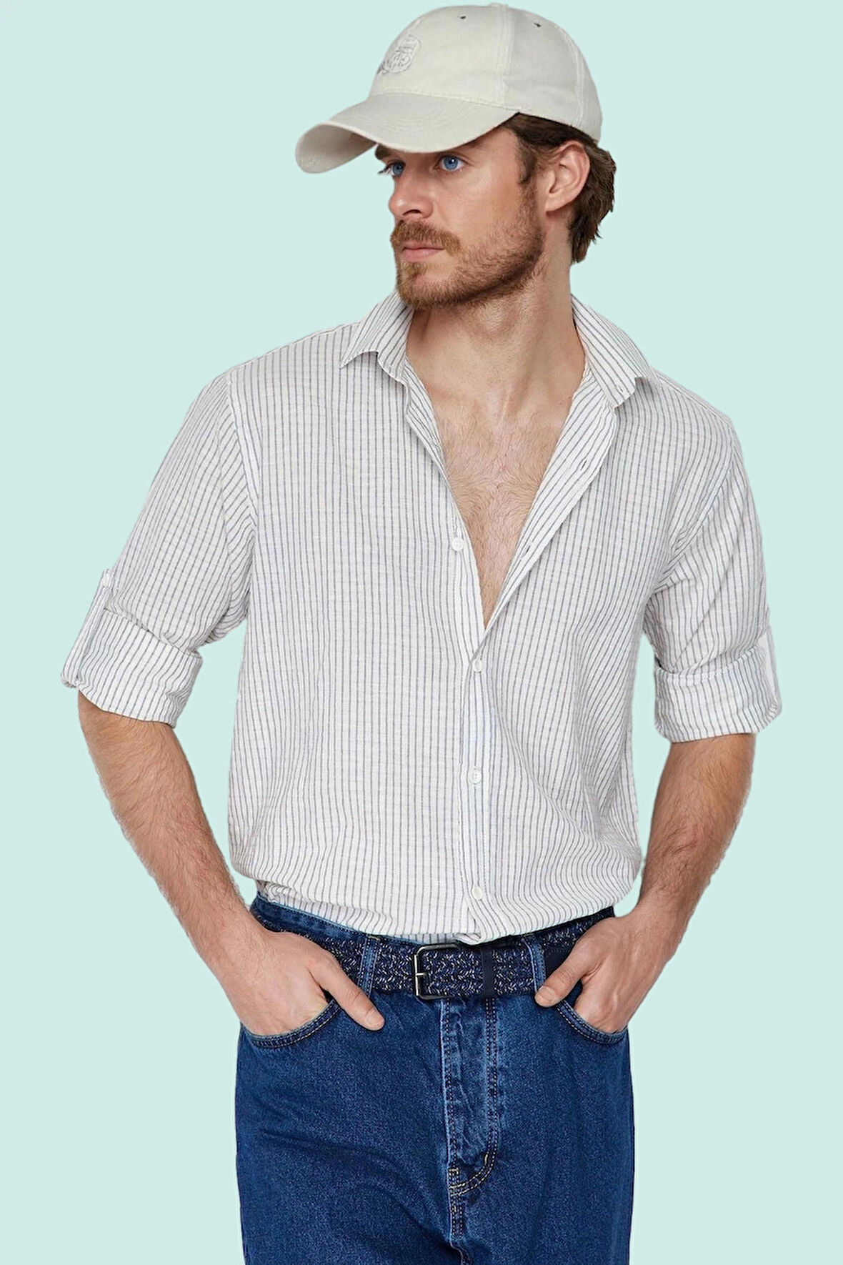 Erkek Regular Fit Pamuk Keten Karışımlı Çizgili Gömlek Yaka Günlük Stil Yaz Aylarının Vazgeçilmezi